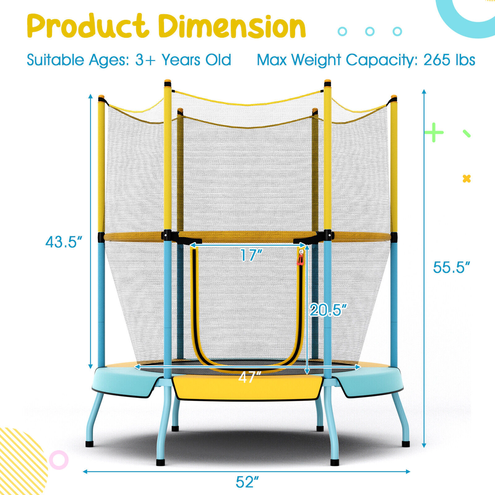 SUGIFT Toddler Yellow 48-in Trampoline with Safety Enclosure Net 52-in Dia 55.5-in H 265-lb Jumper Capacity