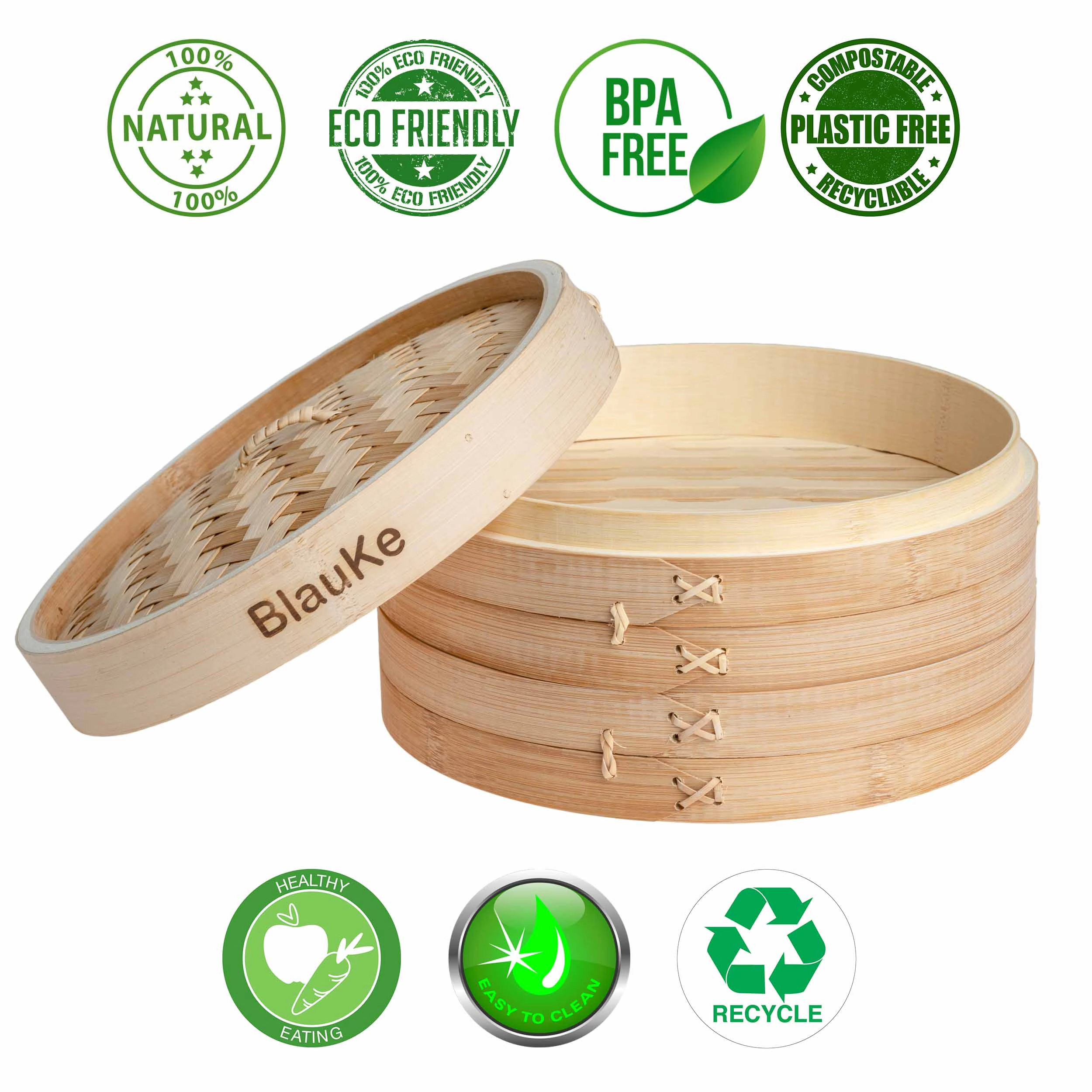 Bamboo Steamer for Cooking Dumplings, Veggies, Fish, Rice - 2 Pairs Chopsticks, Tongs, 50 Paper Liners