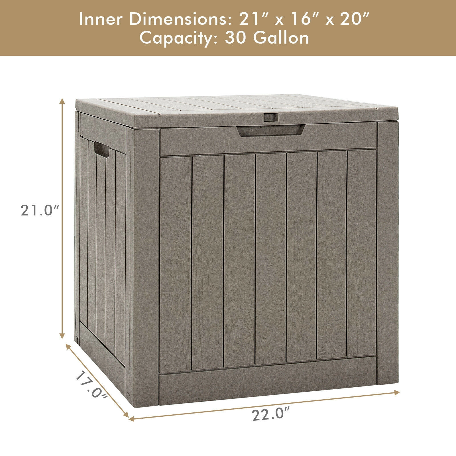 SUGIFT 30-Gallon Weatherproof PP Wood Grain Lift-Top Outdoor Deck Storage Box 22-in x 17-in x 21-in 154-lb Light Brown