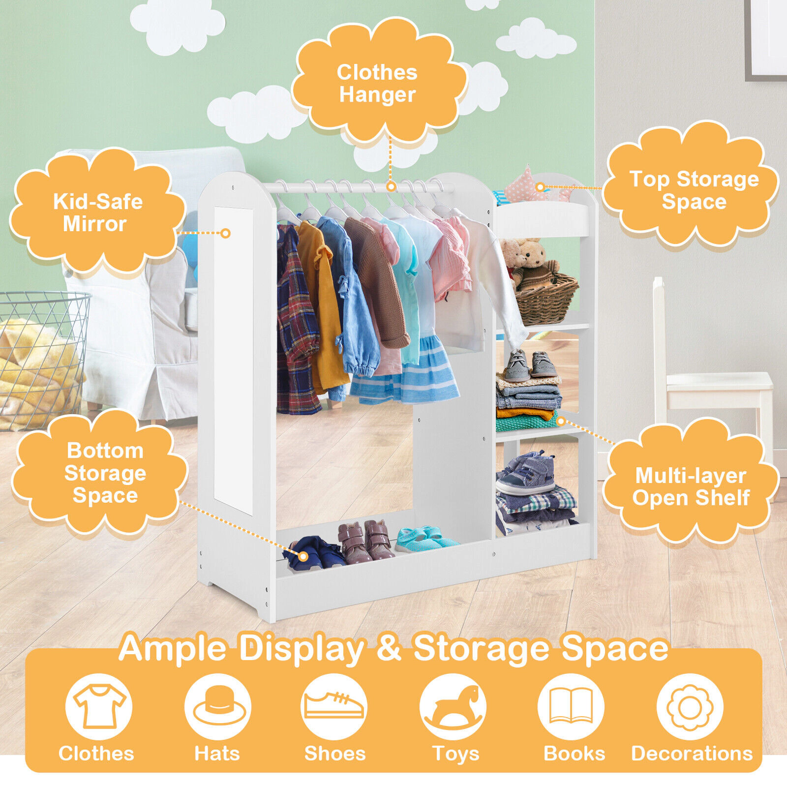 Hivvago Kids Wardrobe Closet with Mirror and Storage