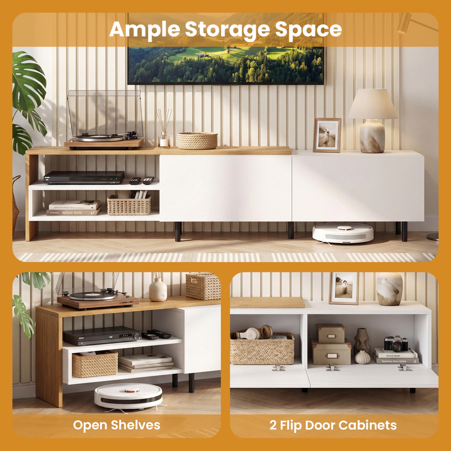 Glintex 71.5-Inch TV Stand with 2 Cabinets and 2-Tier Open Shelving, White & Natural