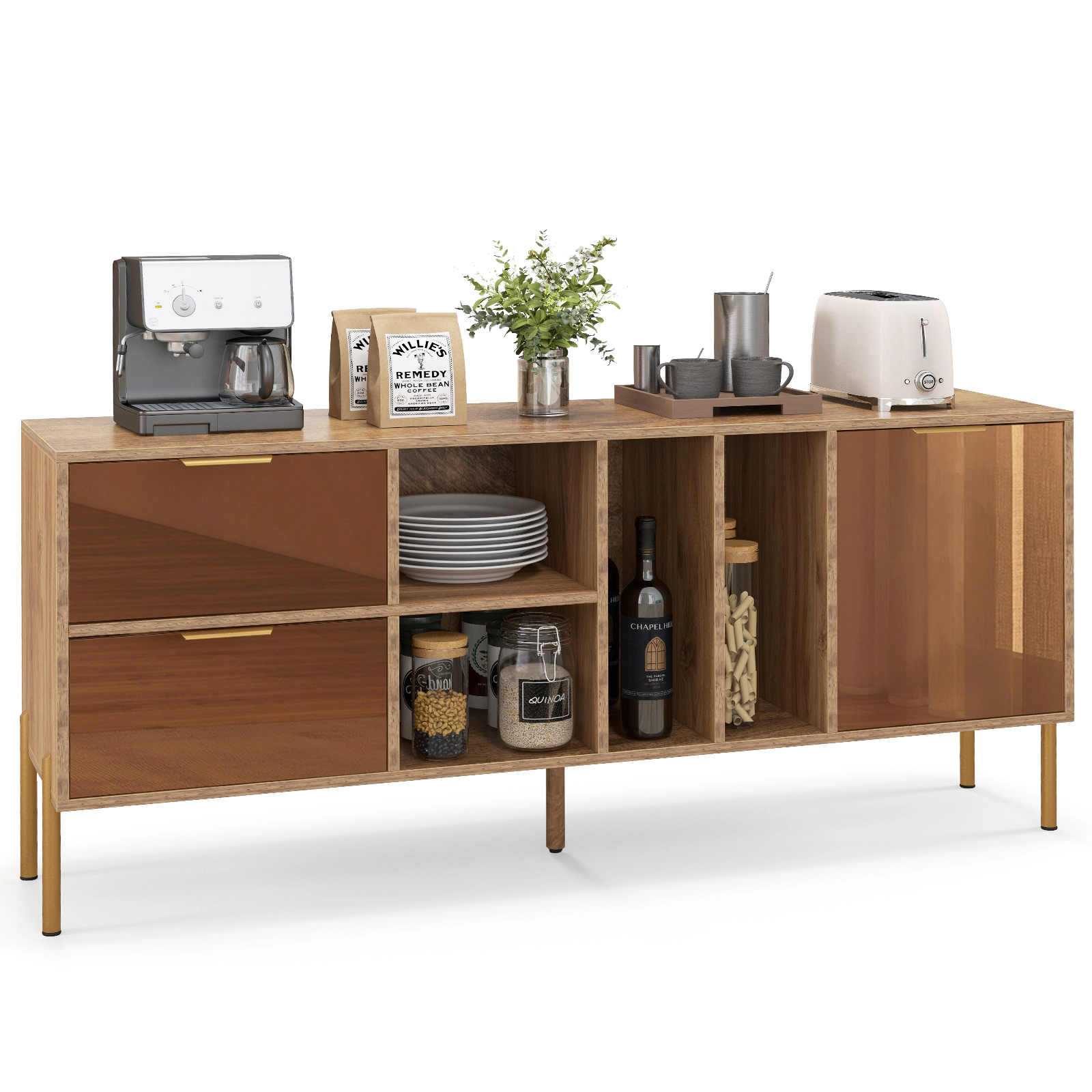 SUGIFT 59-in 180-lb Tabletop Natural Mirrored Buffet Cabinet with 2 Drawers 4 Open Compartments and 1 Door