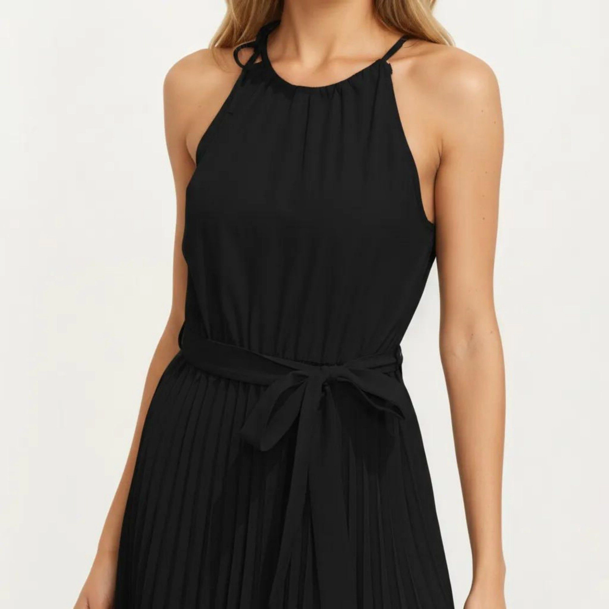 Anna-Kaci Women's Sleeveless Halter Midi Dress with Pleated Skirt and Waist Tie