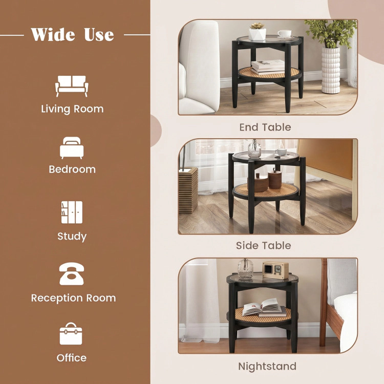 Hivvago Rattan Round Side End Table With Tempered Glass Tabletop