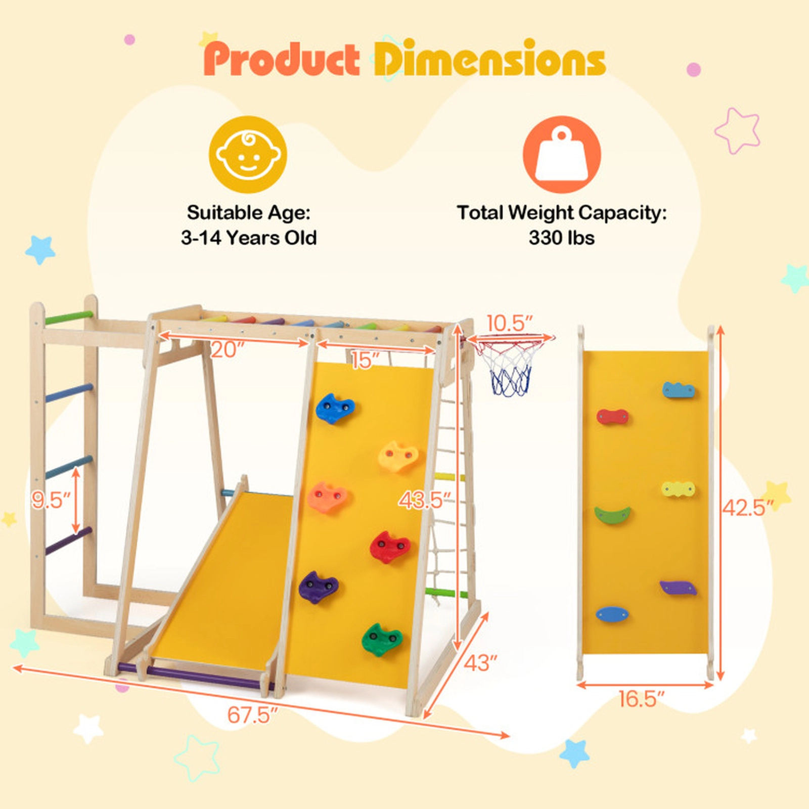SUGIFT Kids 6-in-1 Climber with Slide Ball Toss and Birch Poles 67.5-in W 43-in D 330-lb Total Capacity Multicolor