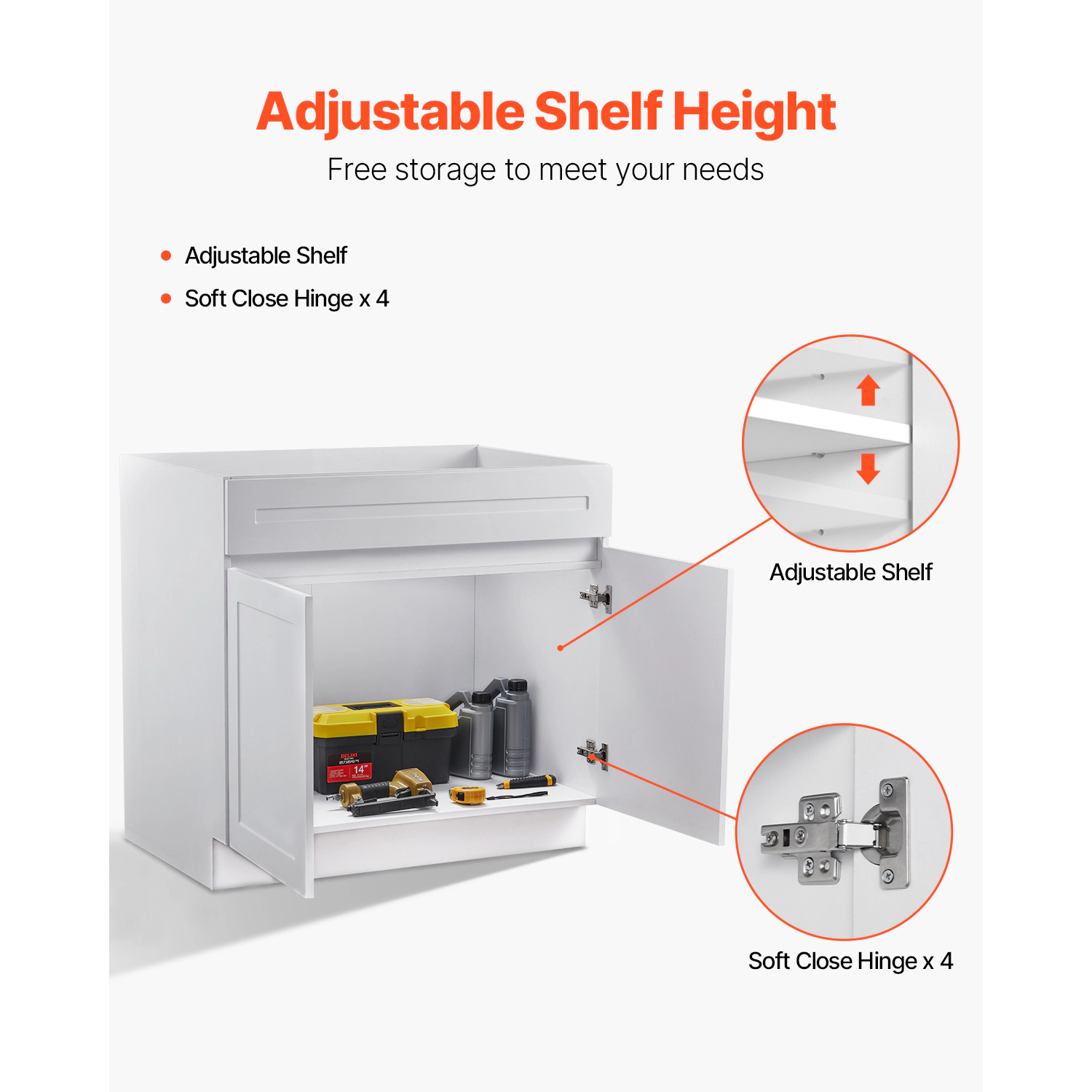 HONGGE White Shaker Base Cabinet with Soft-Close and Adjustable Shelf, Ready to Assemble