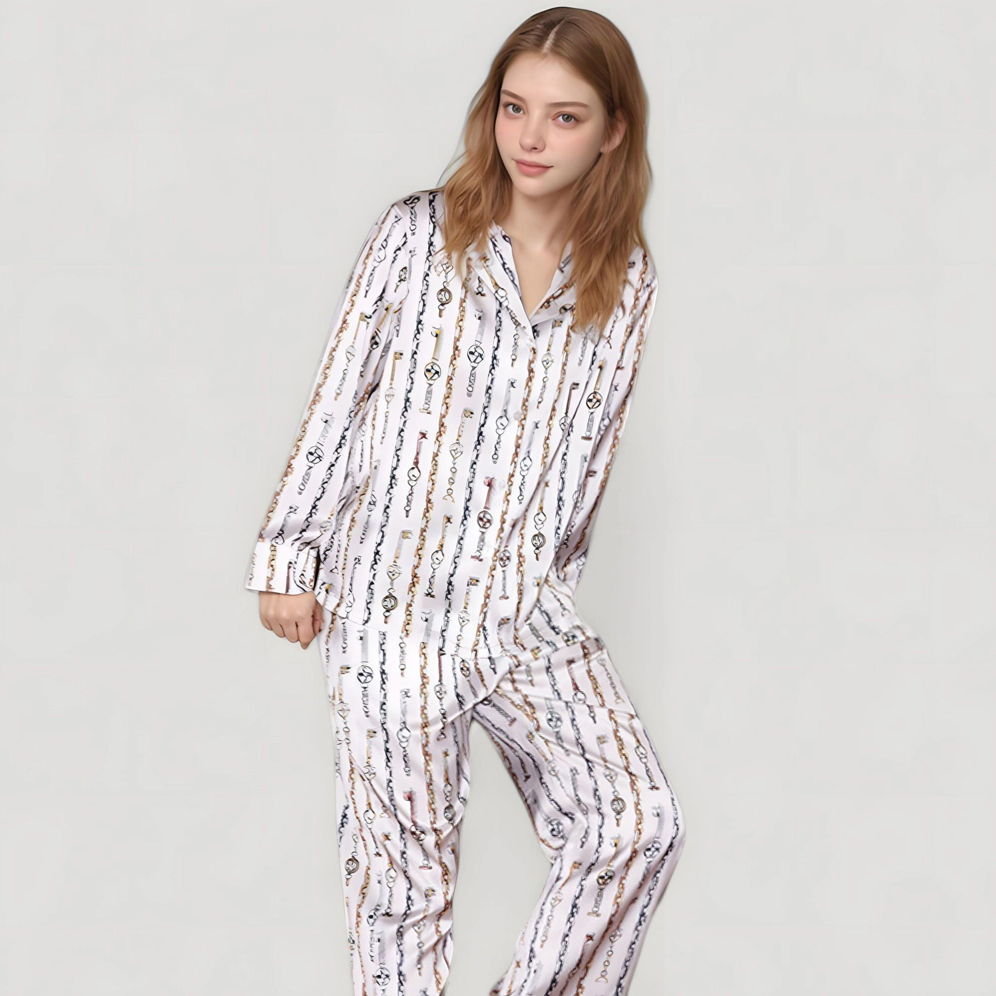 Anna-Kaci Women's Key and Chain Print Woven Pajama Set with Button Down Long Sleeve Top Relaxed Fit Pants