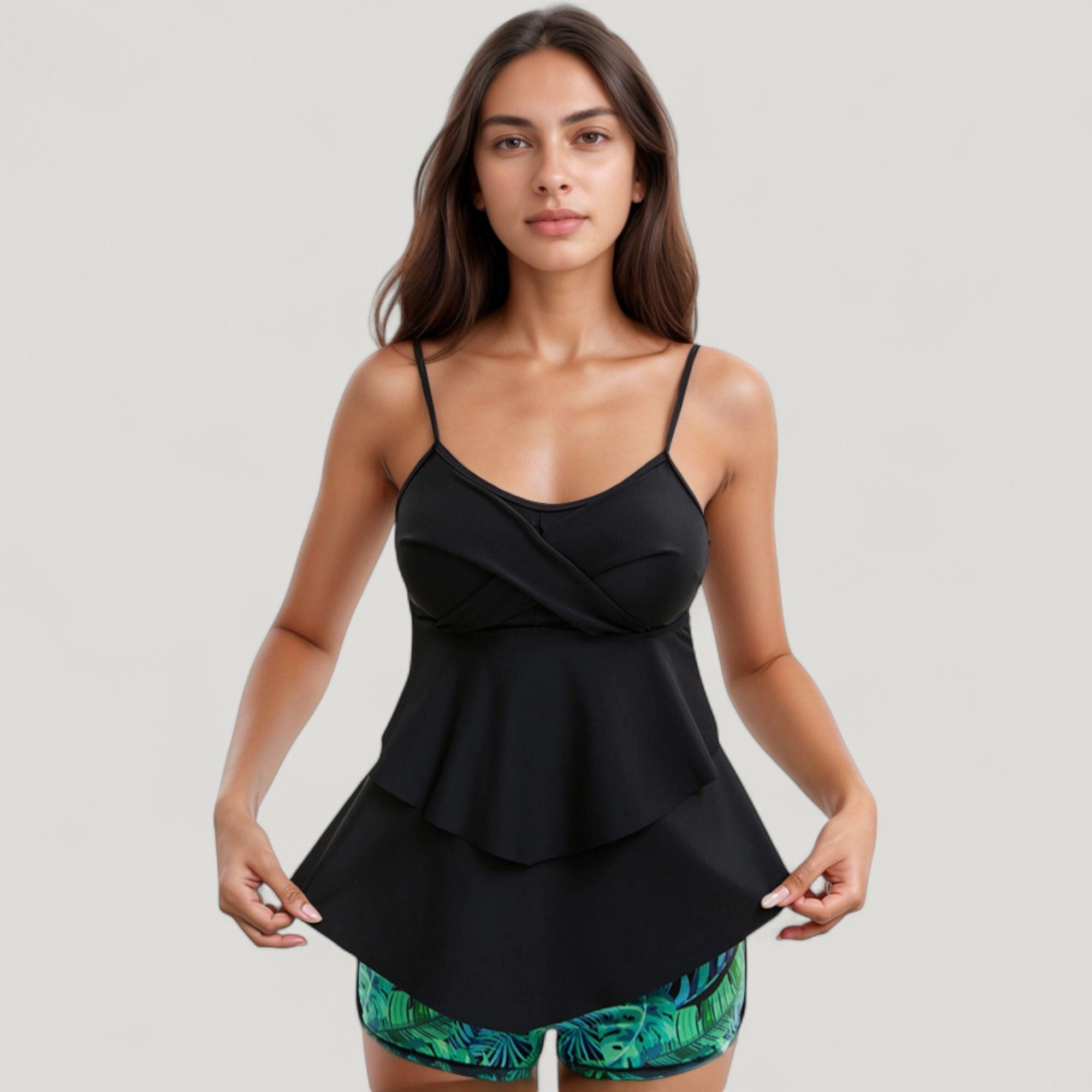 Anna-Kaci Women's Spaghetti Strap Wrap Tankini Swimsuit Set with Tropical Leaf-Print Shorts