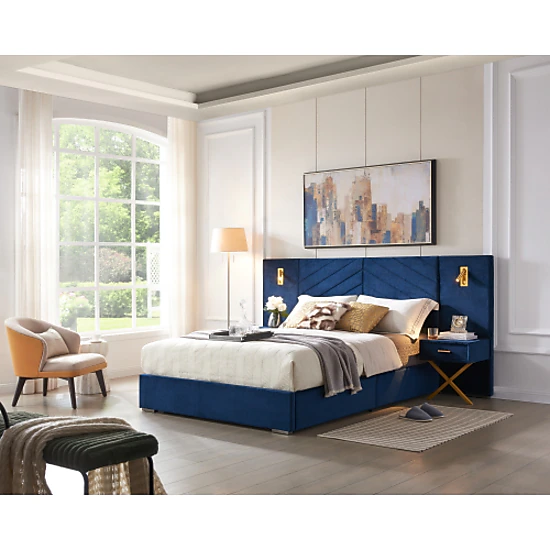 Flynama King Velvet Bed, Channel Tufted Wingback Headboard, Platform with Wooden Slats