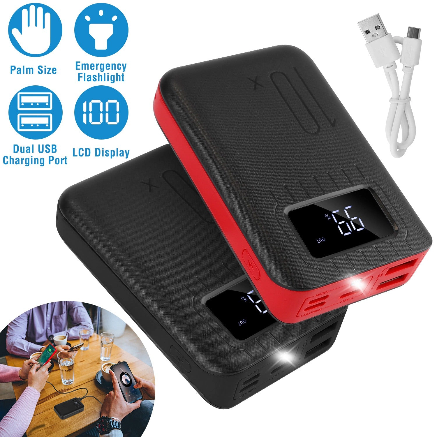 GBruno 10000mAh Dual-Port Power Bank With LCD Display