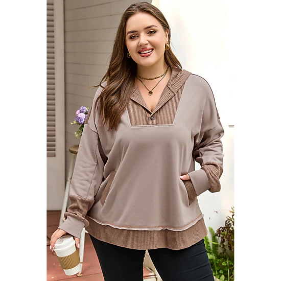 Threaded Pear Women's Goat Waffle Contrast Patchwork Plus Size Pocketed Hoodie