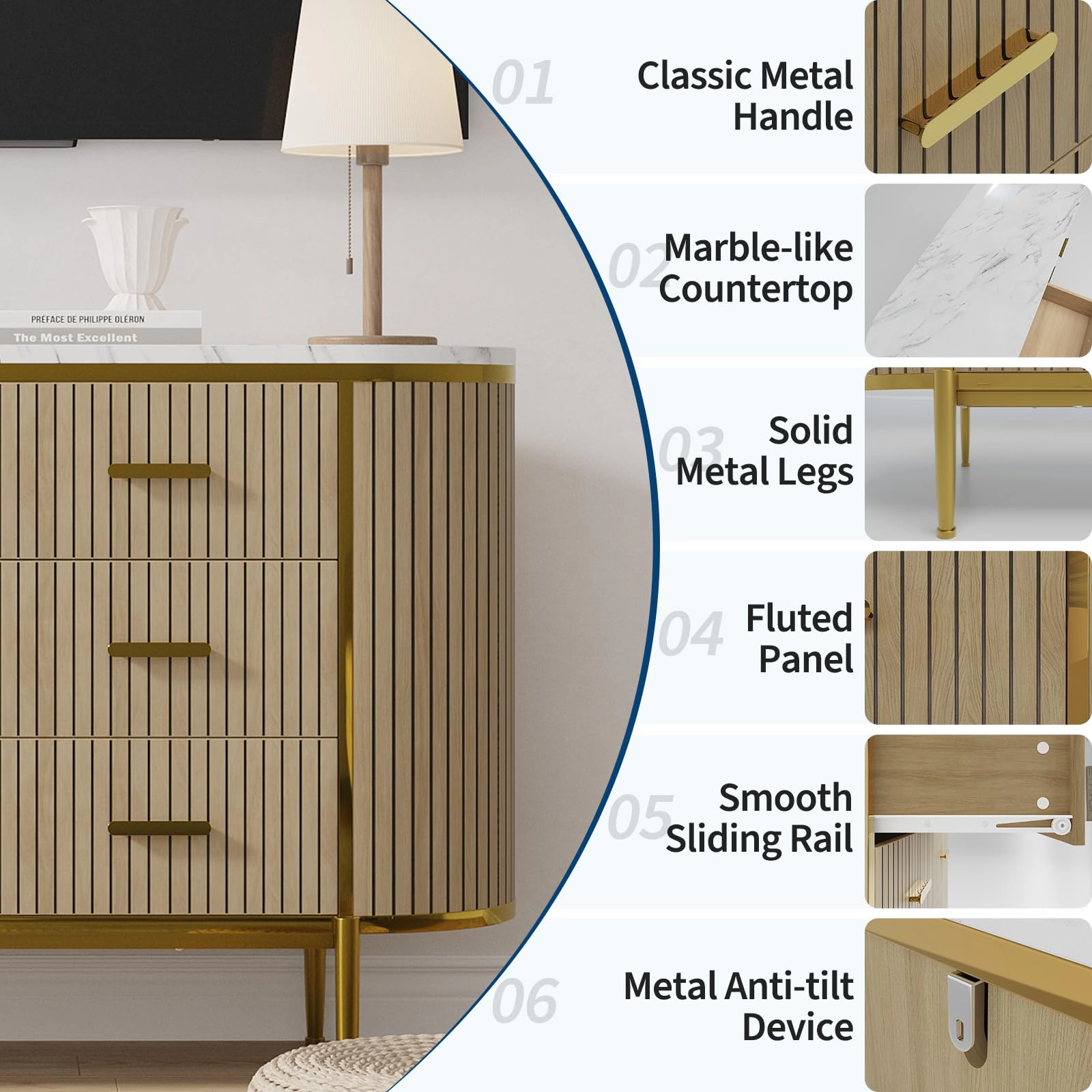 47.2" Fluted 6 Drawer Dresser, Mid Century Modern Wood Chest with Curved Design & Gold Handles