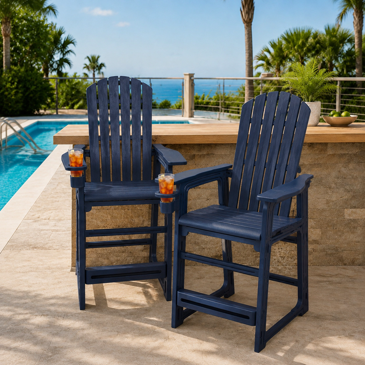 SUGIFT Navy Blue Backrest Armrests and Cup Holder Set of 2 Outdoor 29 Inch HDPE Bar Stools