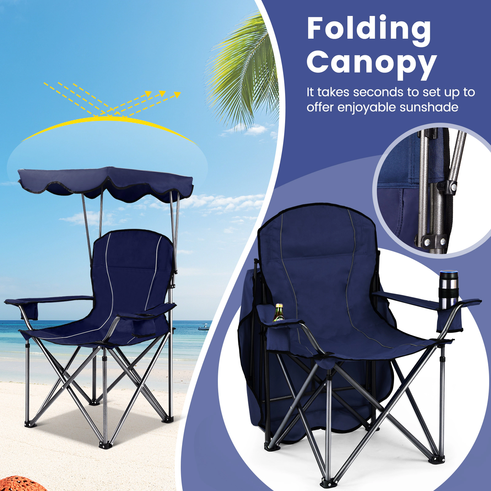 SUGIFT 265-lb Capacity Portable Folding Beach Canopy Chair with Heavy-Duty Steel Frame and 2 Cup Holders