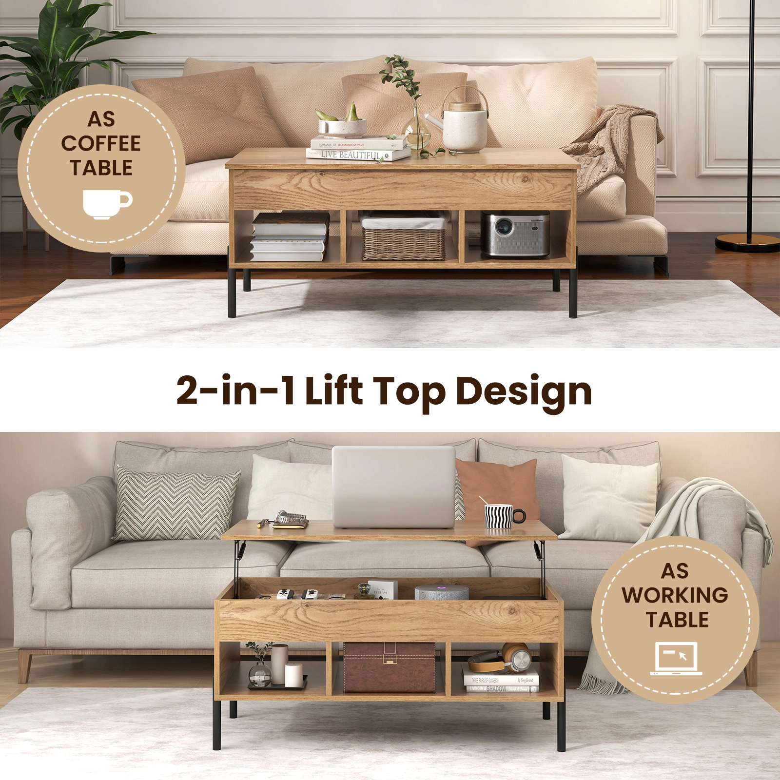 Glintex 39.5-Inch Lift-Top Coffee Table with 3 Open Cubbies and Metal Legs, Natural