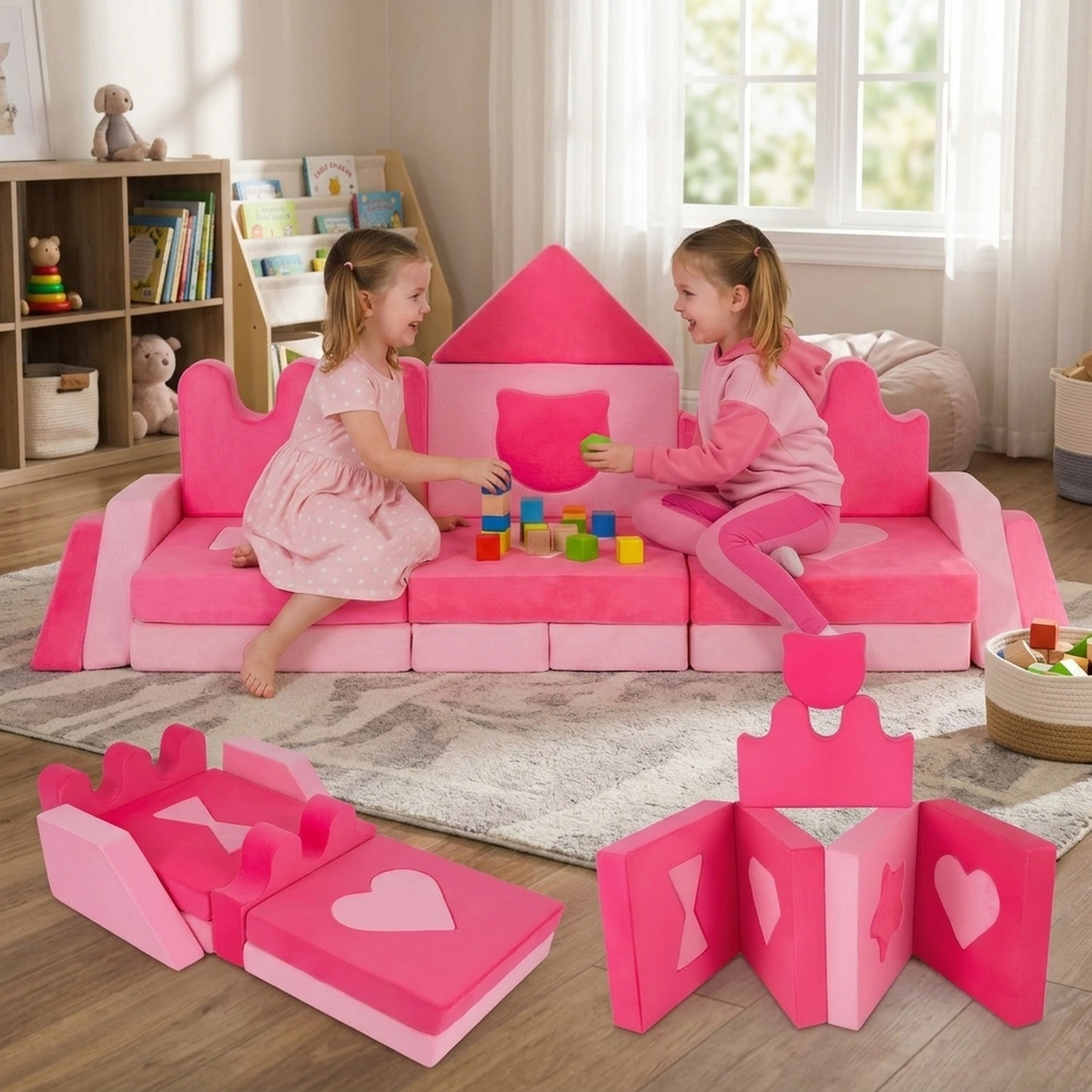 SUGIFT 14-Piece Kids Modular Foam Play Couch, Climbing Blocks, Soft Pink