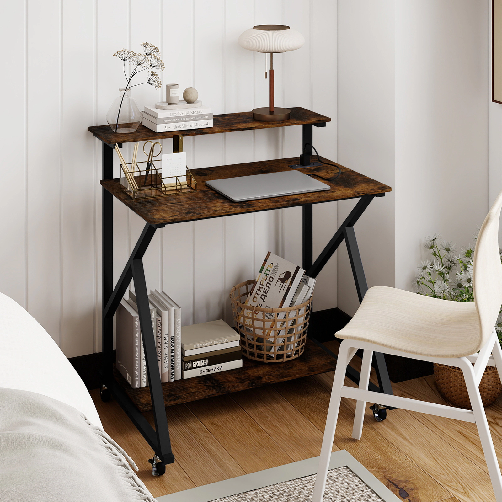 SUGIFT 32 in Rolling Computer Desk Rustic Brown for Small Spaces with Power Outlets