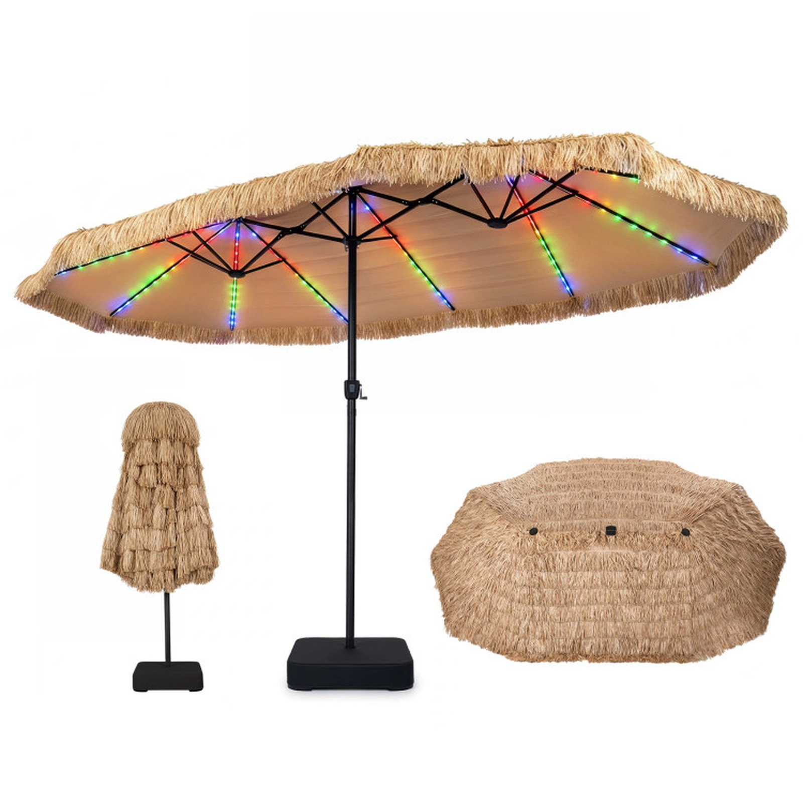 SUGIFT Solar Double-Sided Patio Umbrella with 144 Multi-Color Lights and Umbrella Base Brown and Black