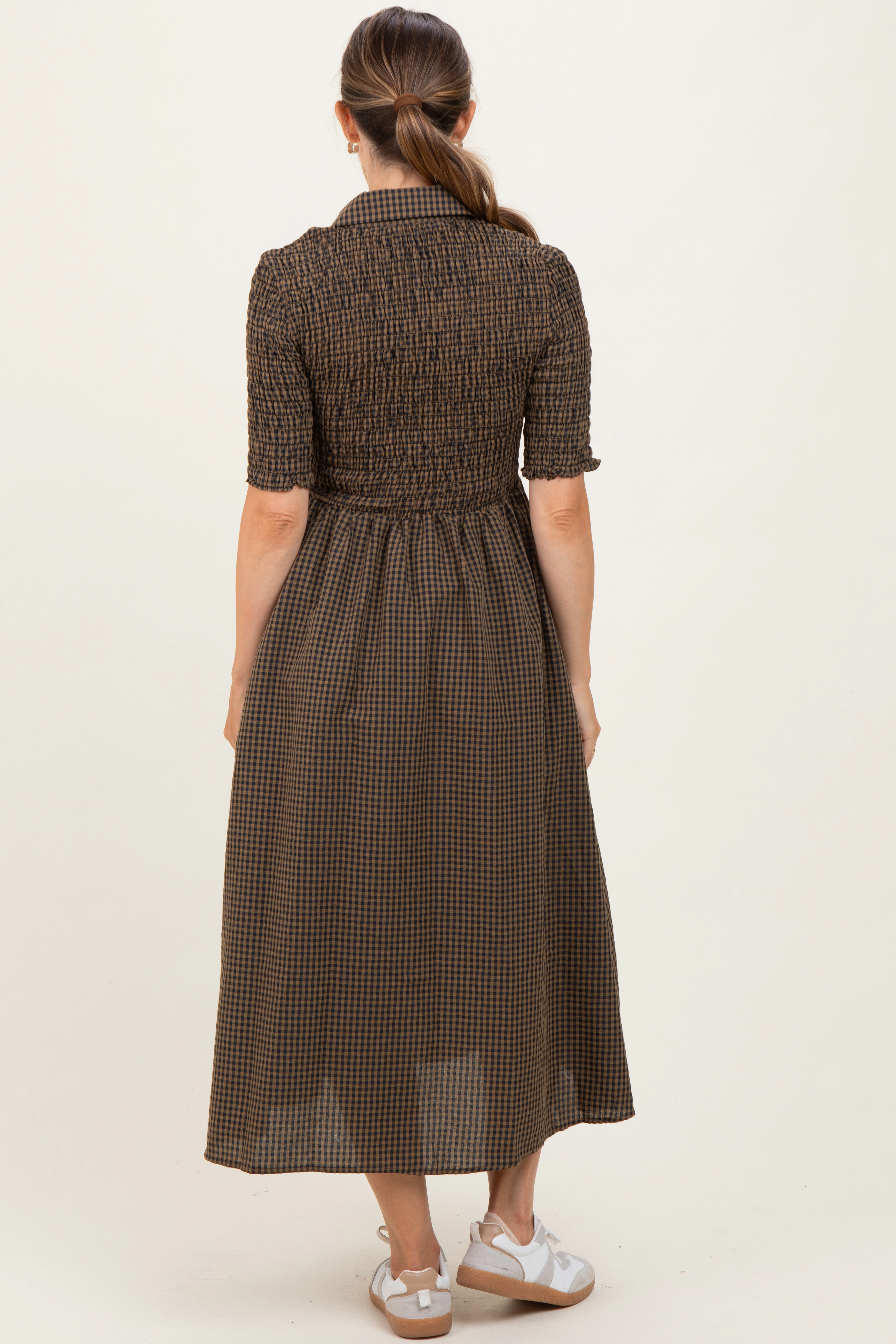 PinkBlush Womens Brown Gingham Smocked Button Down Maternity Midi Dress