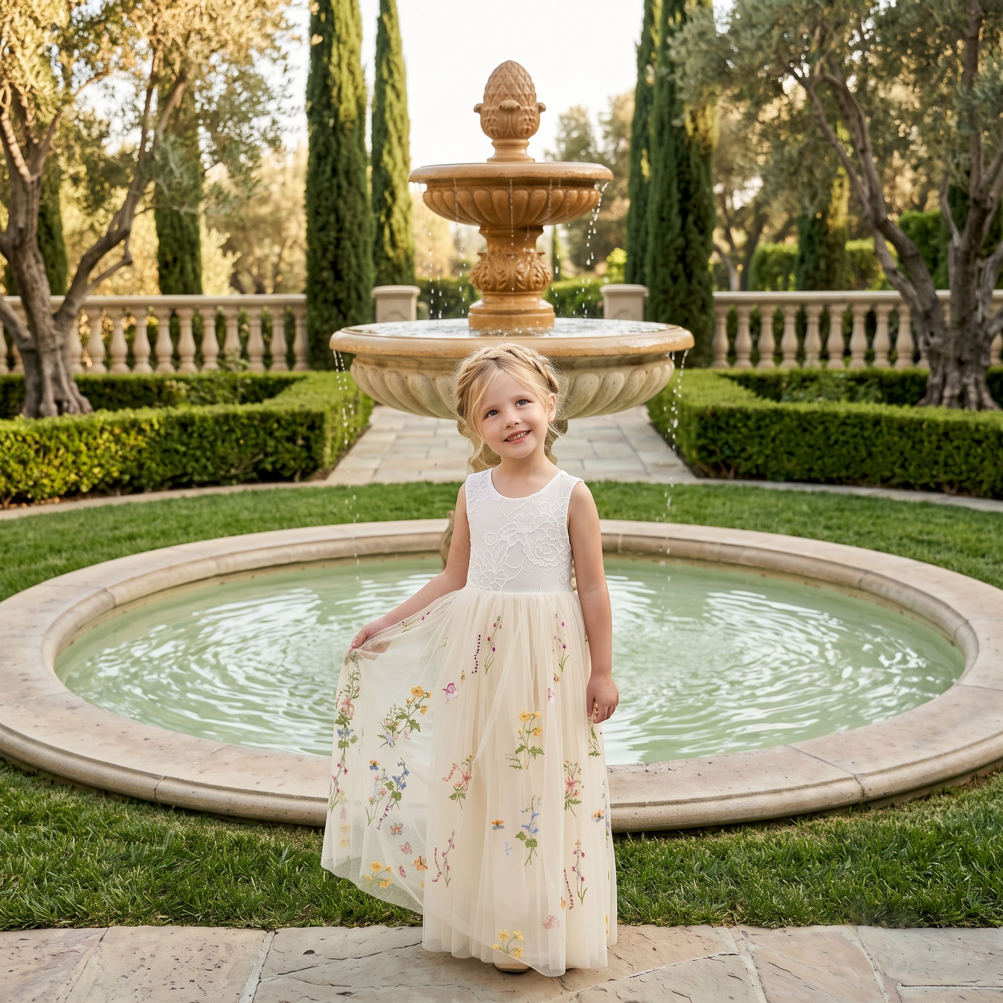 2Bunnies Girls' 3T-9Y Floral Embroidered Tulle Lace Sleeveless Maxi Flower Girl Dress