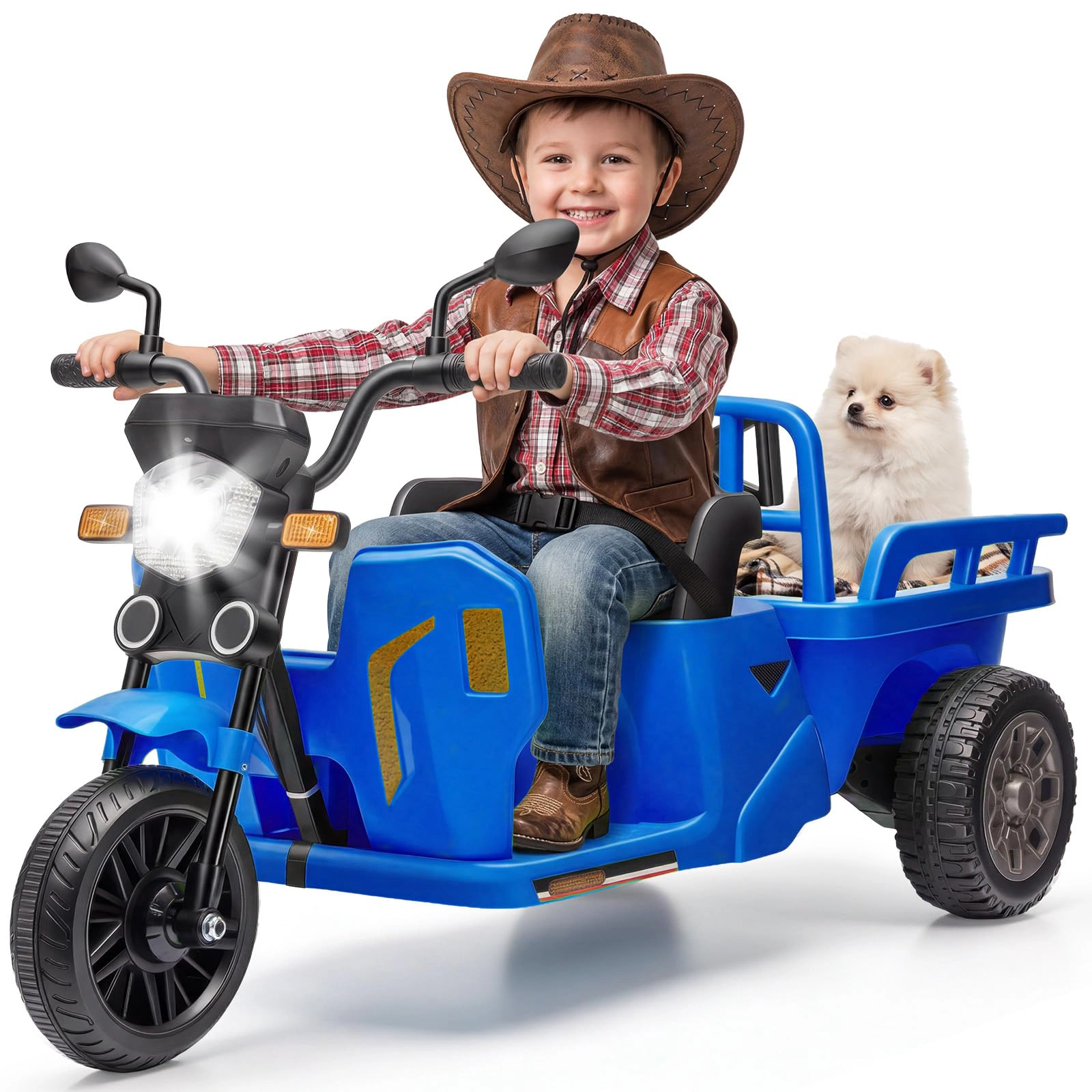 12V Kids Ride On Motorcycle Tricycle with Trailer, Bluetooth Music, LED Light & Dual Motors for Ages 3-8