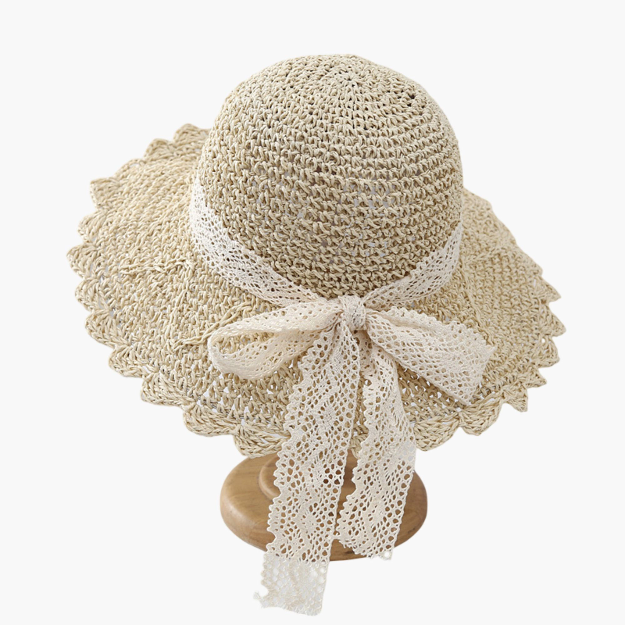 Anna-Kaci Womens Wide Brim Crochet Straw Sun Hat with Lace Bow Adjustable Fit
