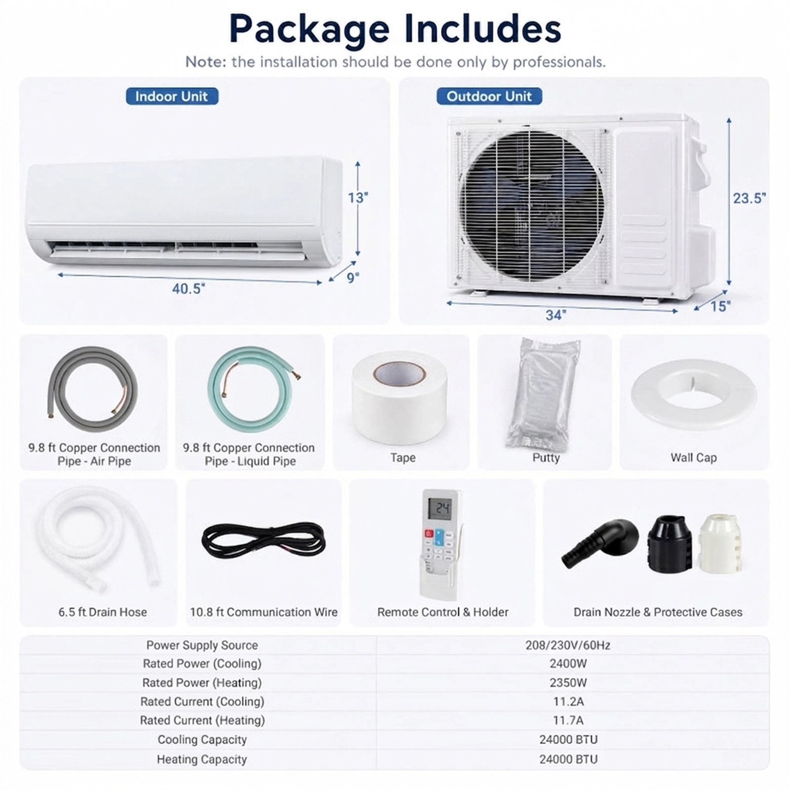 SUGIFT 24000 BTU 2 Ton 17 SEER2 208-230V WiFi Mini Split Air Conditioner and Heat Pump 1500 Sq Ft White