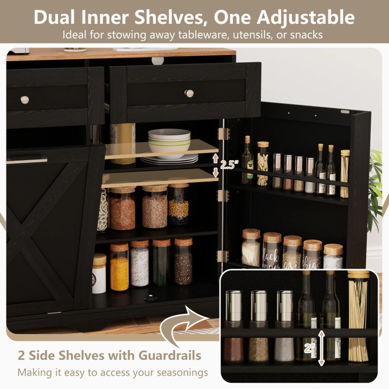 SUGIFT 39.5-in Black 100-lb Top Tilt Out Trash Can Cabinet with 2 Outlets 2 USB Ports and Adjustable Shelf