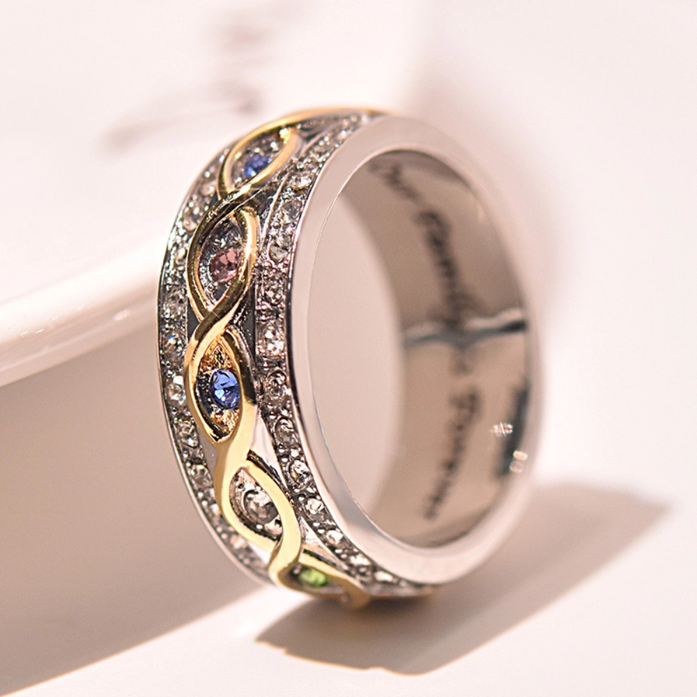Women’s Two-Tone Rhinestone Ring Colorful Decorative Metal Band for Weddings