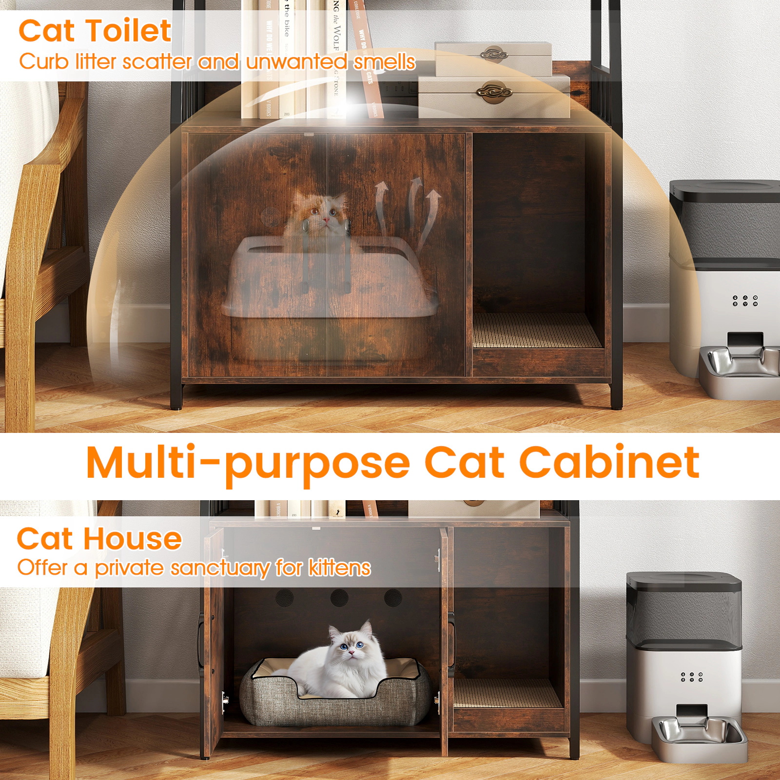 SUGIFT Rustic Brown Cat Litter Box Enclosure with 2 Storage Shelves and Scratching Pad 31.5-in W 15.5-in D 52-in H