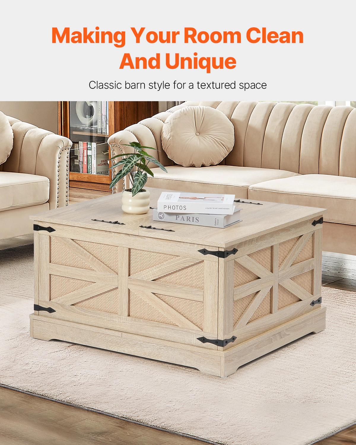 HONGGE Rattan Coffee Table Rectangle PE Rattan Woven Wood Coffee Table with Modern Boho Style Storage Coffee Table with