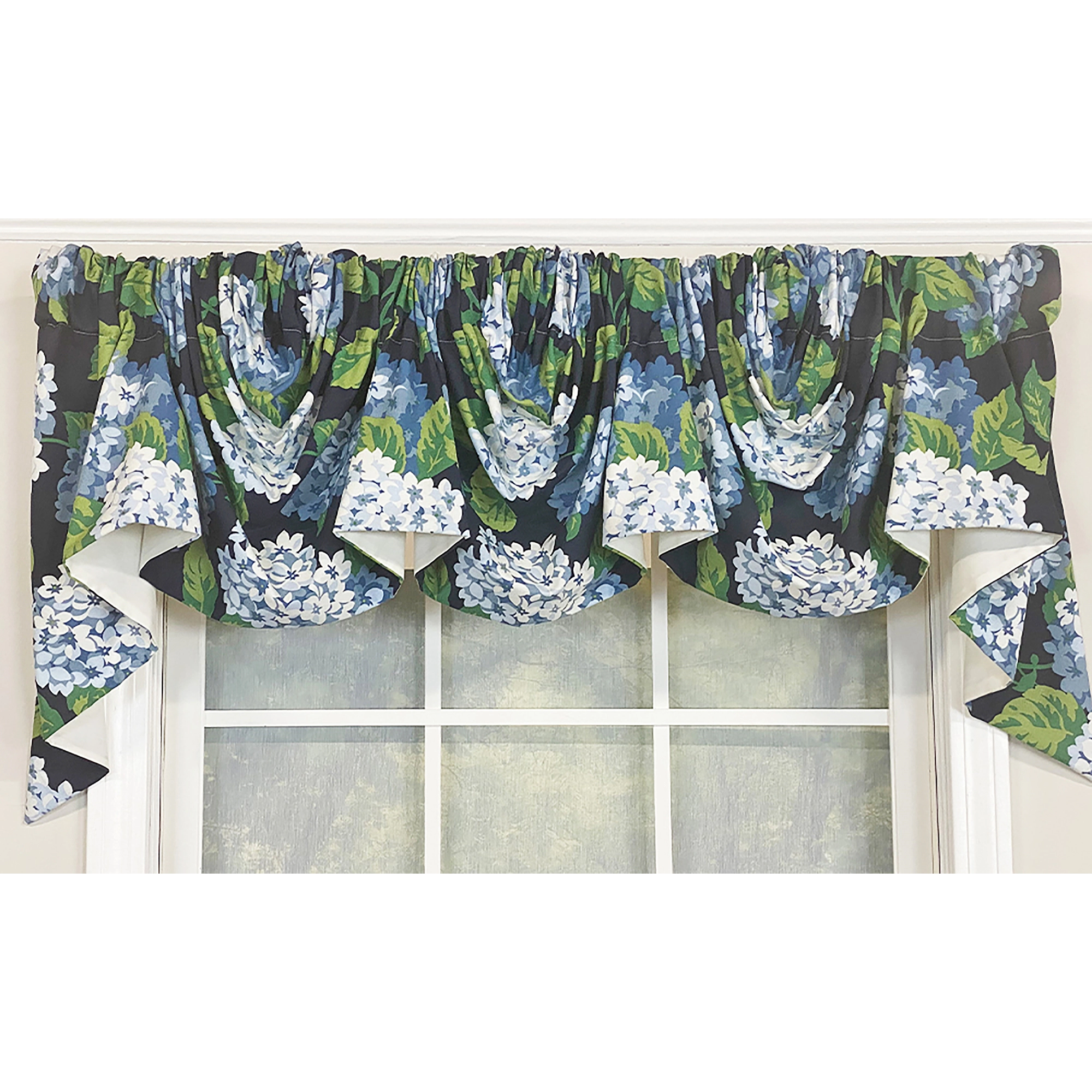RLF Home Hydrangea Empire Valance Navy 2-Scoop. 54"W X 25"L For windows up to 48"W