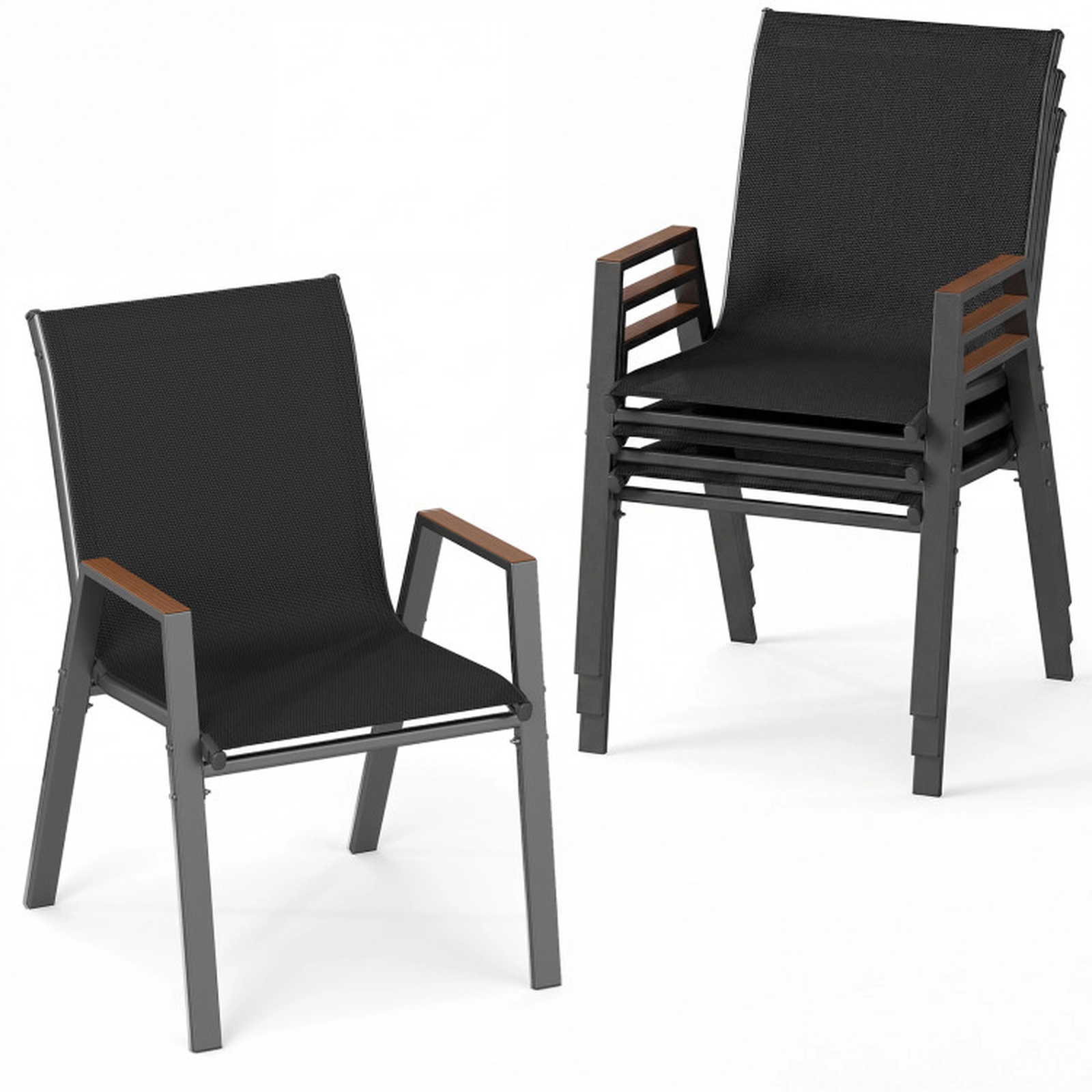 SUGIFT Set of 4 Stackable High-Back Patio Sling Chairs 400-lb Capacity with 19.5-in Backrest and Wood-Plastic Armrests