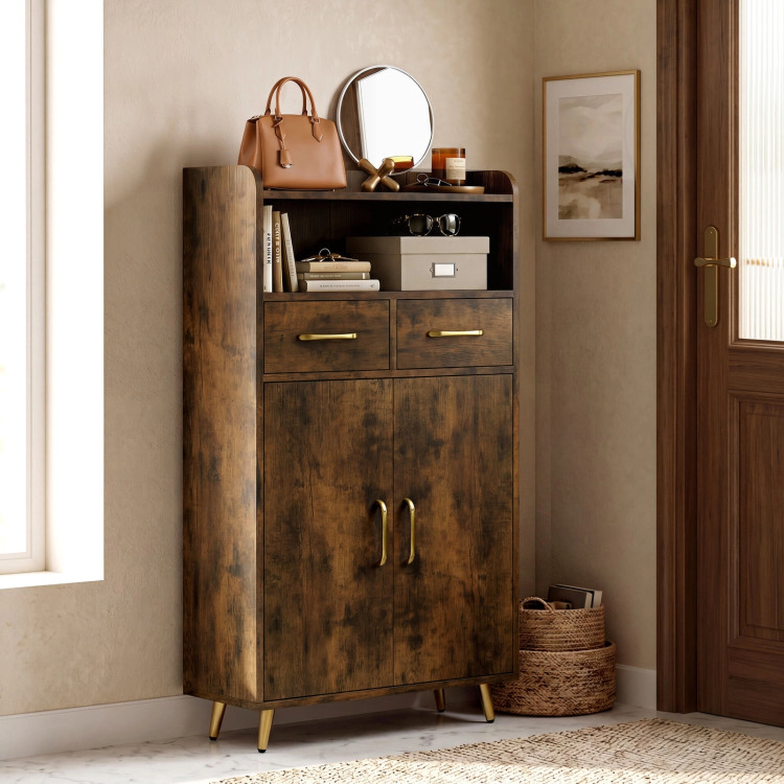 SUGIFT Freestanding Bathroom Storage Floor Cabinet with 2 Drawers and 2 Doors 44-lb Countertop Rustic Brown