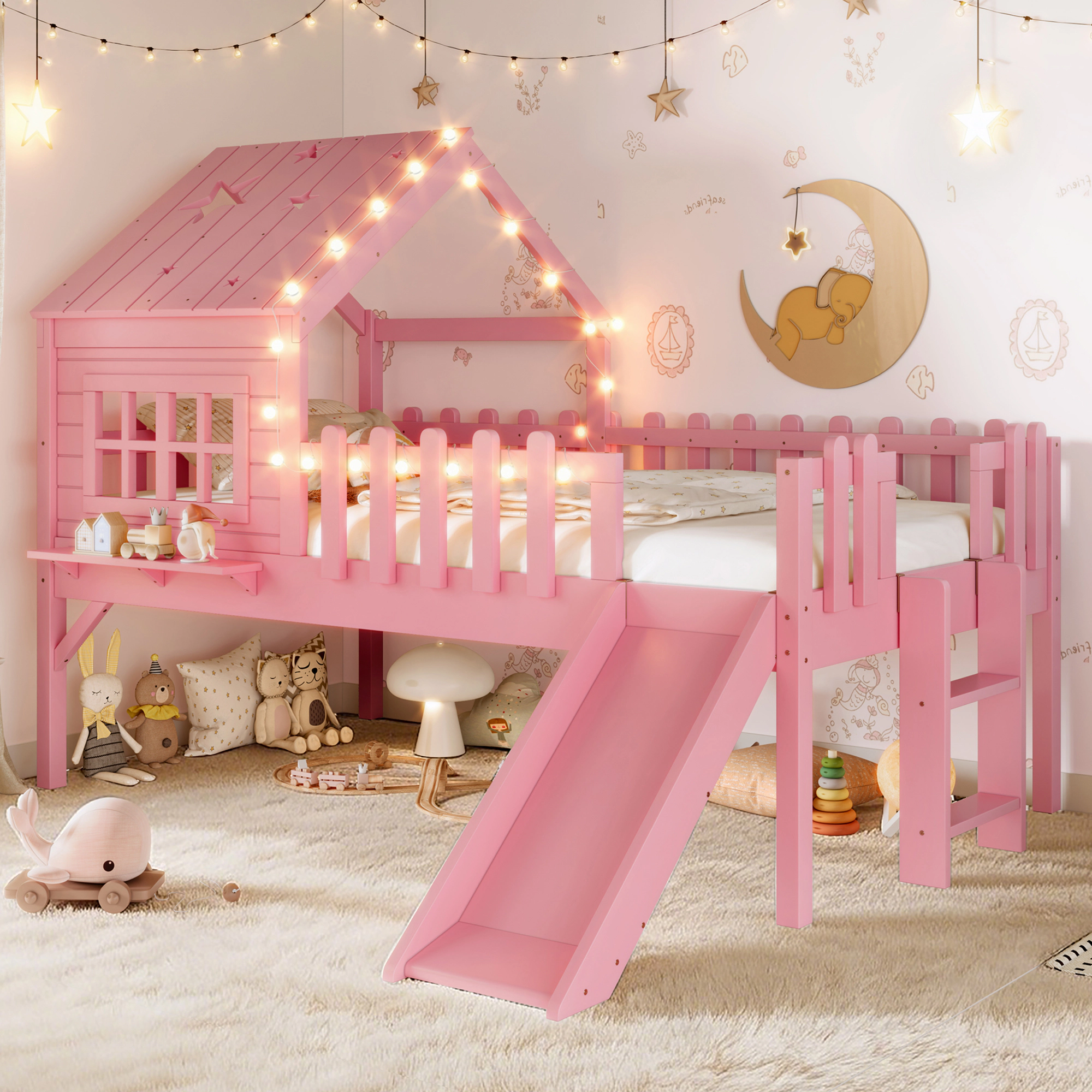 Flynama Twin House Loft Bed with Slide, LED Lights & Window, Pink Kids Playhouse