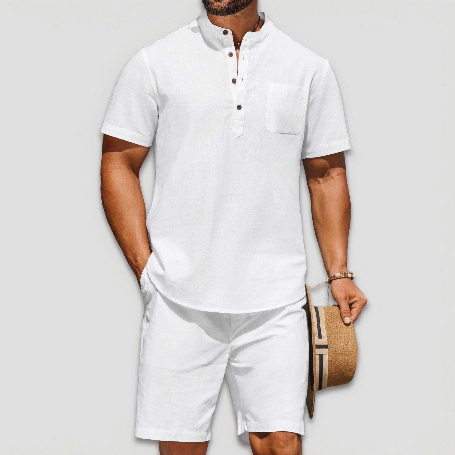COOFANDY Mens Short Sleeve Henley Shirt Casual 2 Piece  Outfit Shorts Set