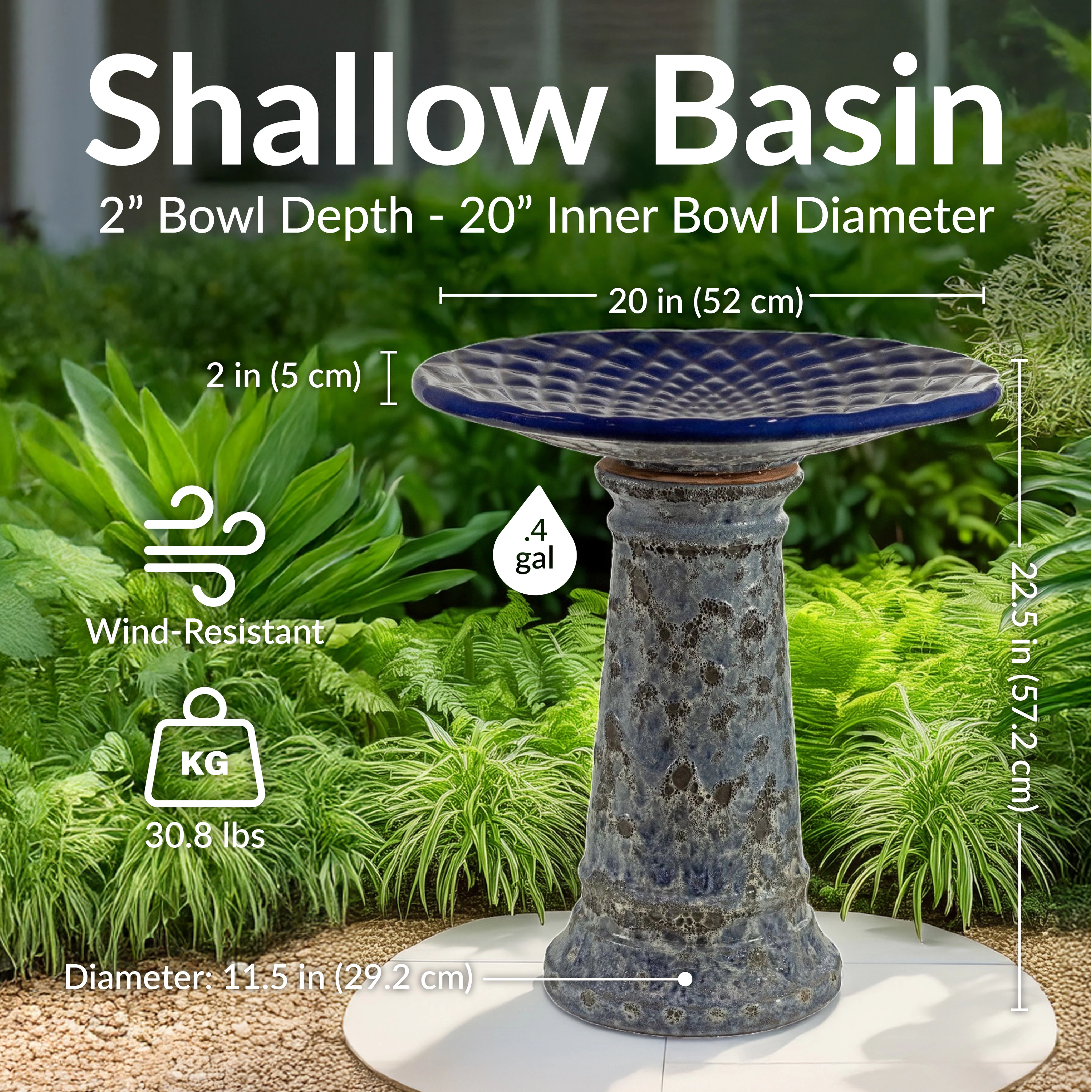Sunnydaze Outdoor Ceramic Bird Bath, 22.5” H, Glazed Bowl, Blue Lava Finish