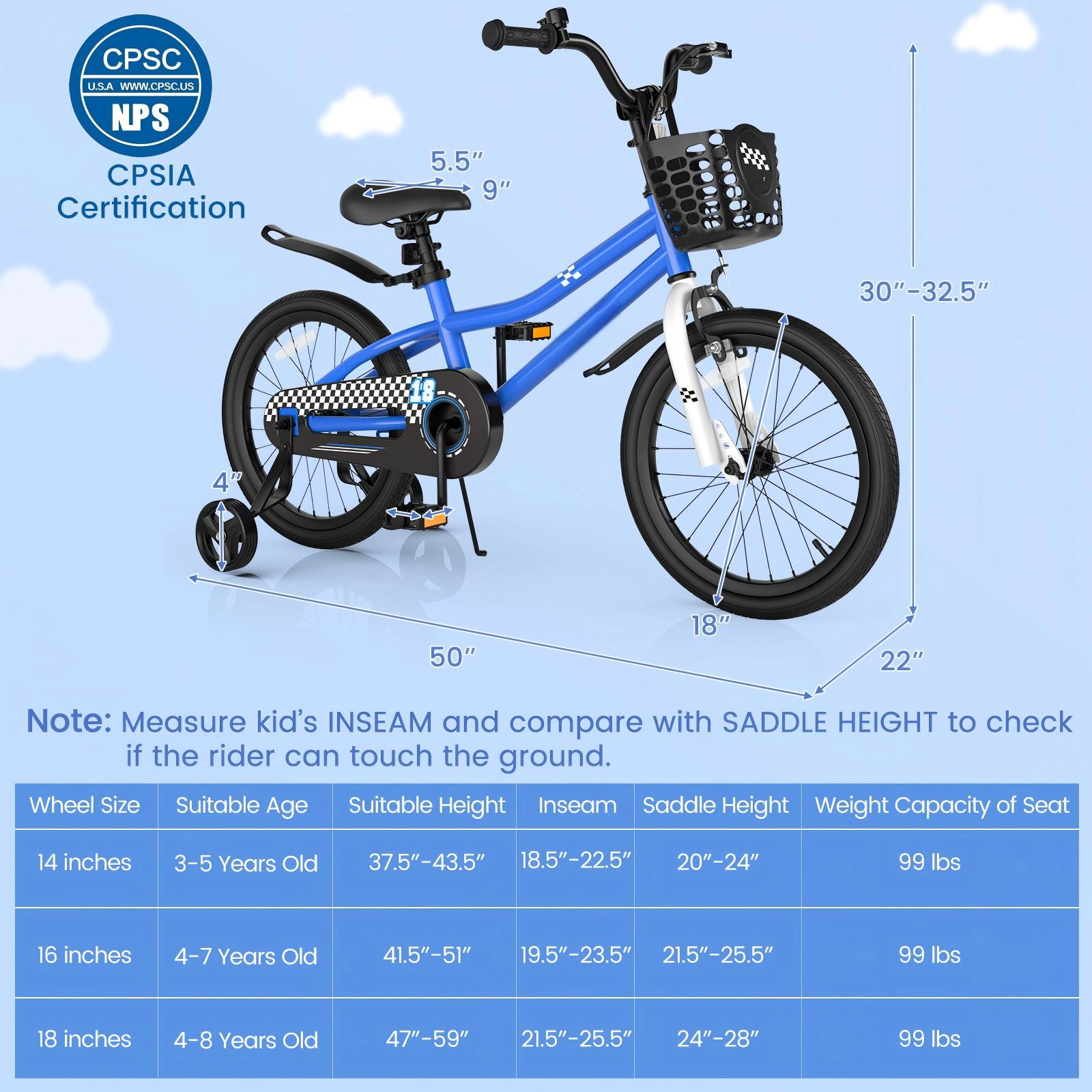 SUGIFT 18-in Kids Bicycle with Hand and Coaster Brakes 99-lb Seat Capacity Ages 4-8 Adjustable Handlebar and Saddle Navy