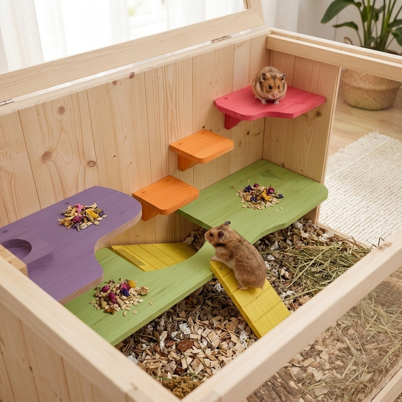 23.5-in Wooden Hamster Cage Mesh Flip Roof Fir Wood and Acrylic Small Animal Habitat Ladder Shelf Storage Rack Natural