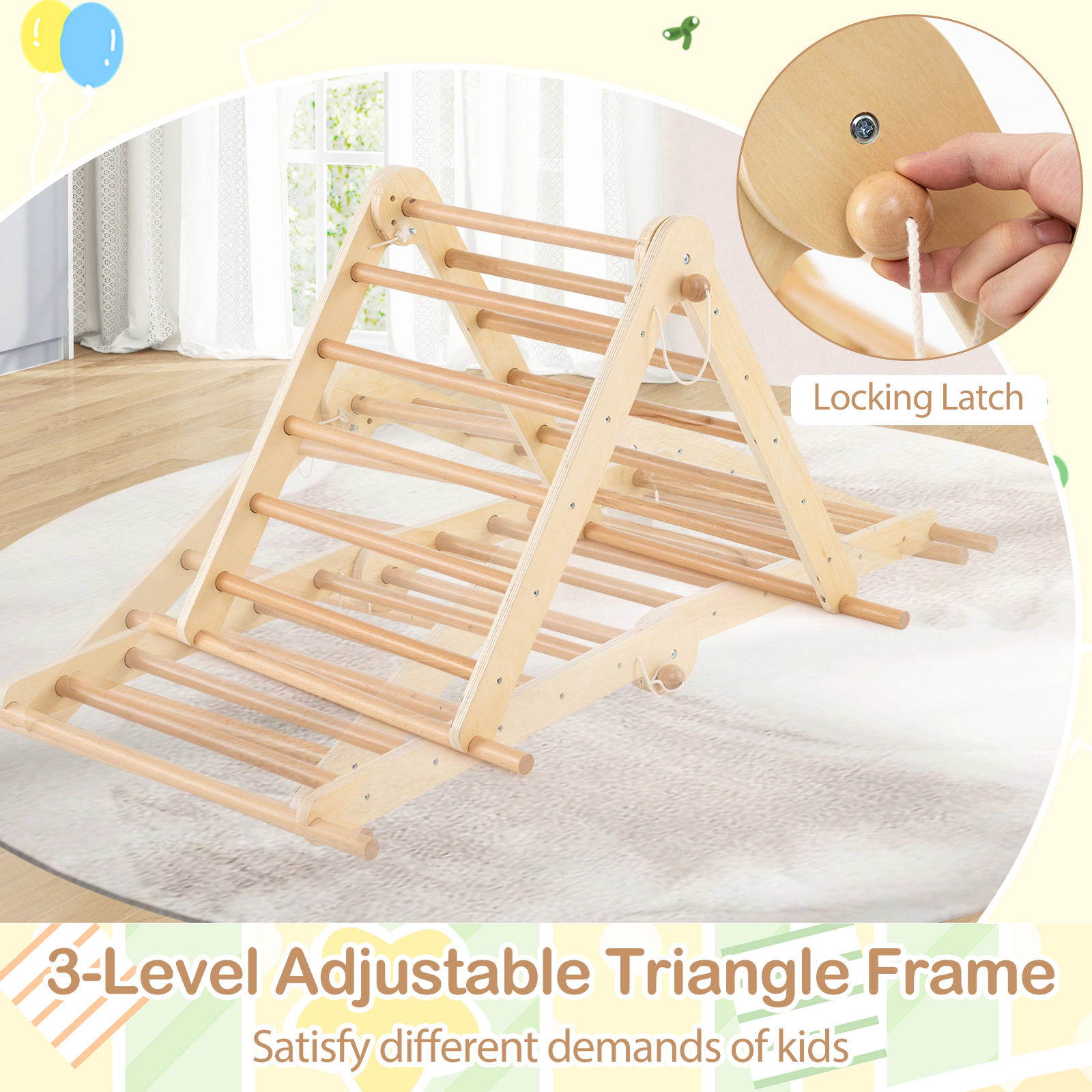 SUGIFT Natural Ramp 3-in-1 Kids Pikler Triangle Climbing Set Foldable Montessori Toy