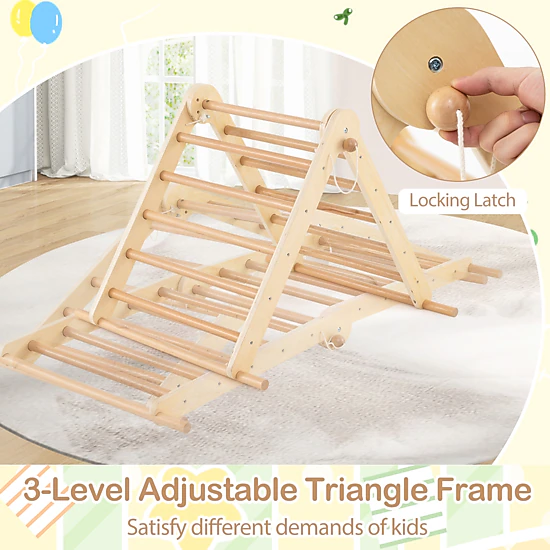 SUGIFT Natural Ramp 3-in-1 Kids Pikler Triangle Climbing Set Foldable Montessori Toy