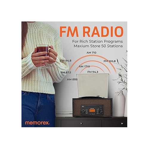Memorex MX-TT700 7-in-1 Wooden Music Center - 3-Speed Turntable, Cassette, CD/MP3, Bluetooth
