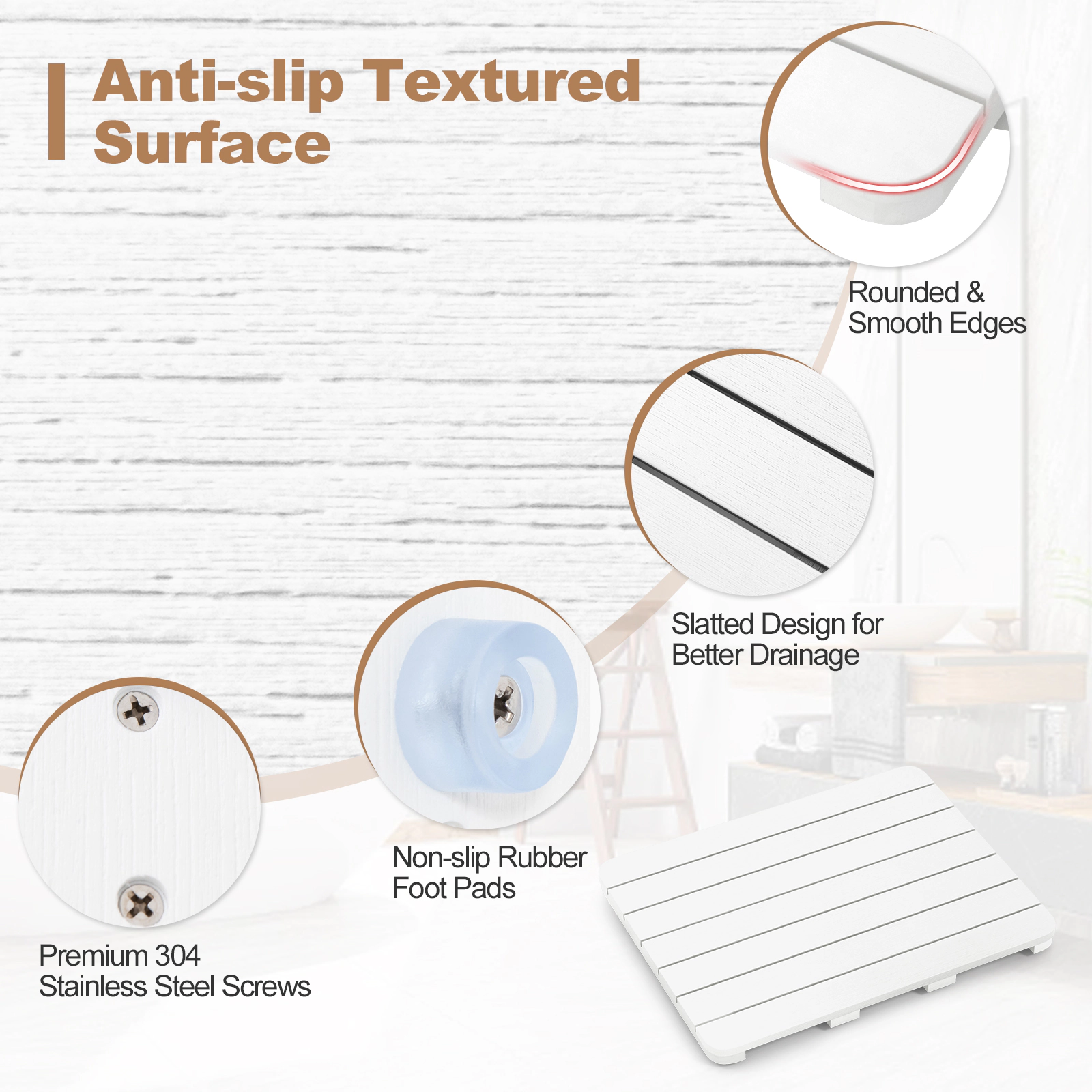 SUGIFT Waterproof Non-Slip Foot Pads Slatted Drainage Bath Shower Mat 23.5-in x 19-in x 2-in 330-lb Capacity White