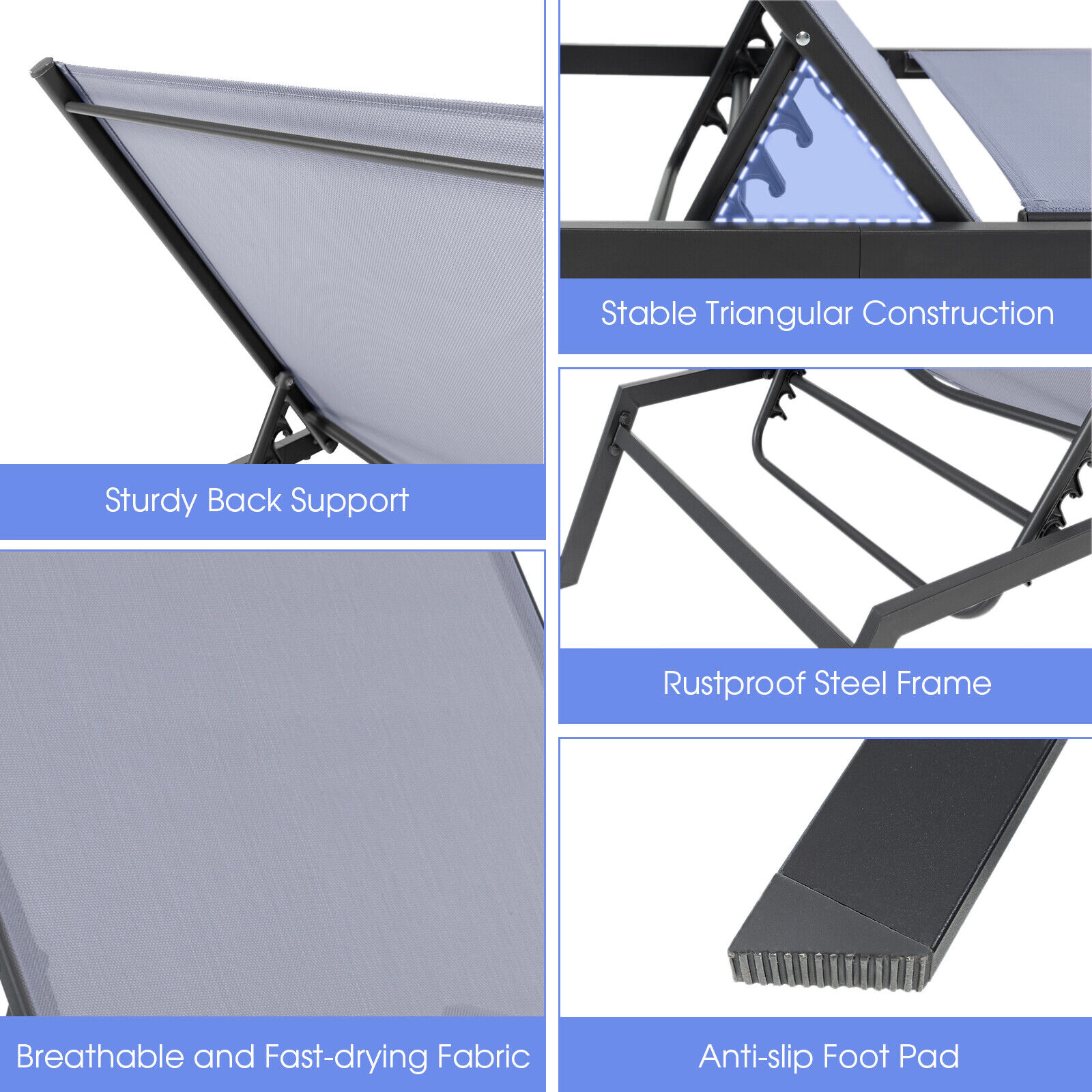 Outdoor Chaise Lounge Chair with 6-Position Backrest and Lay Flat Sunbathing Position Quick-Drying Fabric Steel Grey