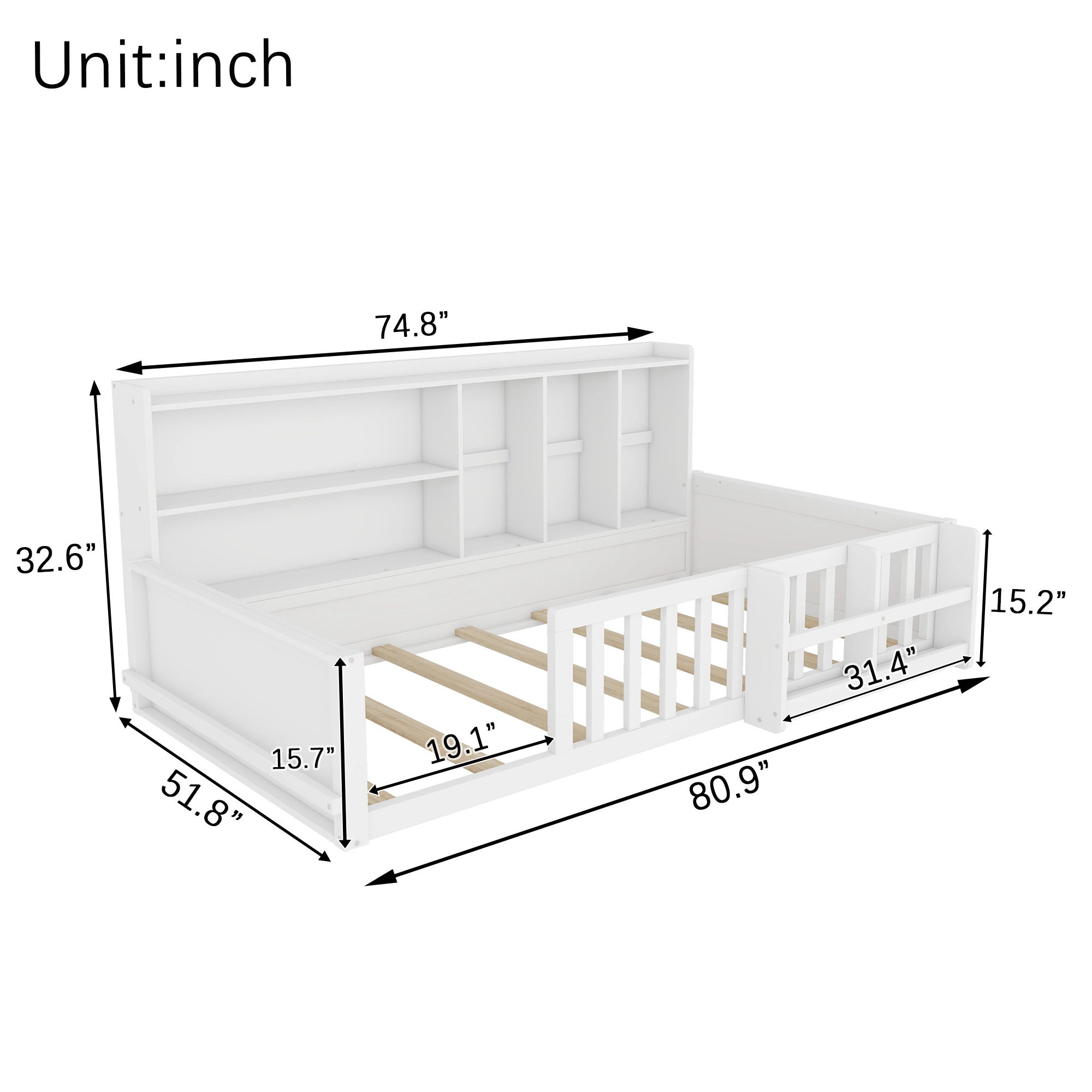 Flynama Twin Kids Wood Platform Bed, Guardrail Fence & Storage Shelves, Space Saving, White