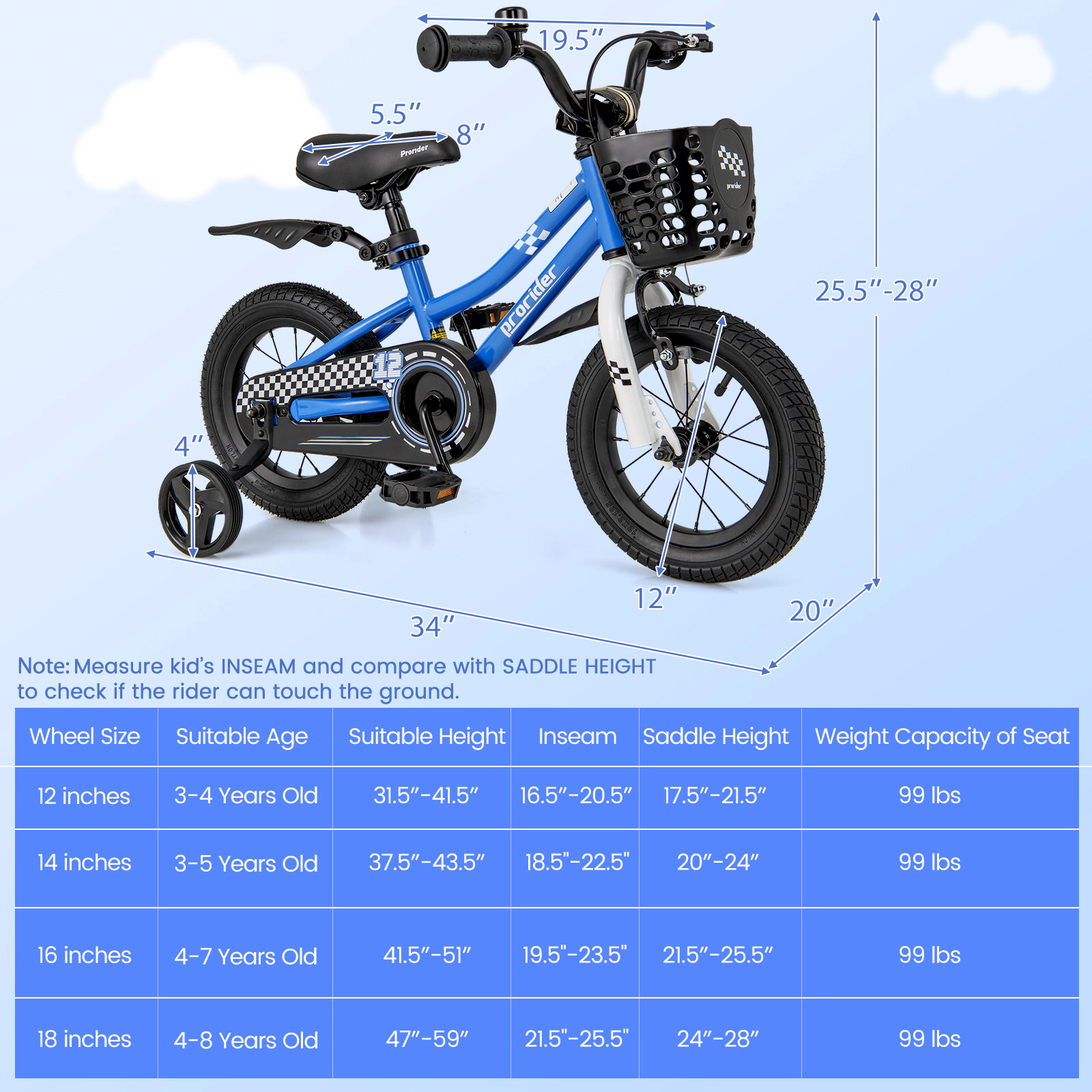 12-in Toddler Bike Training Wheels 5-Layer Pneumatic Tires Mudguard 31.5-in to 41.3-in Ages 3-4 Navy