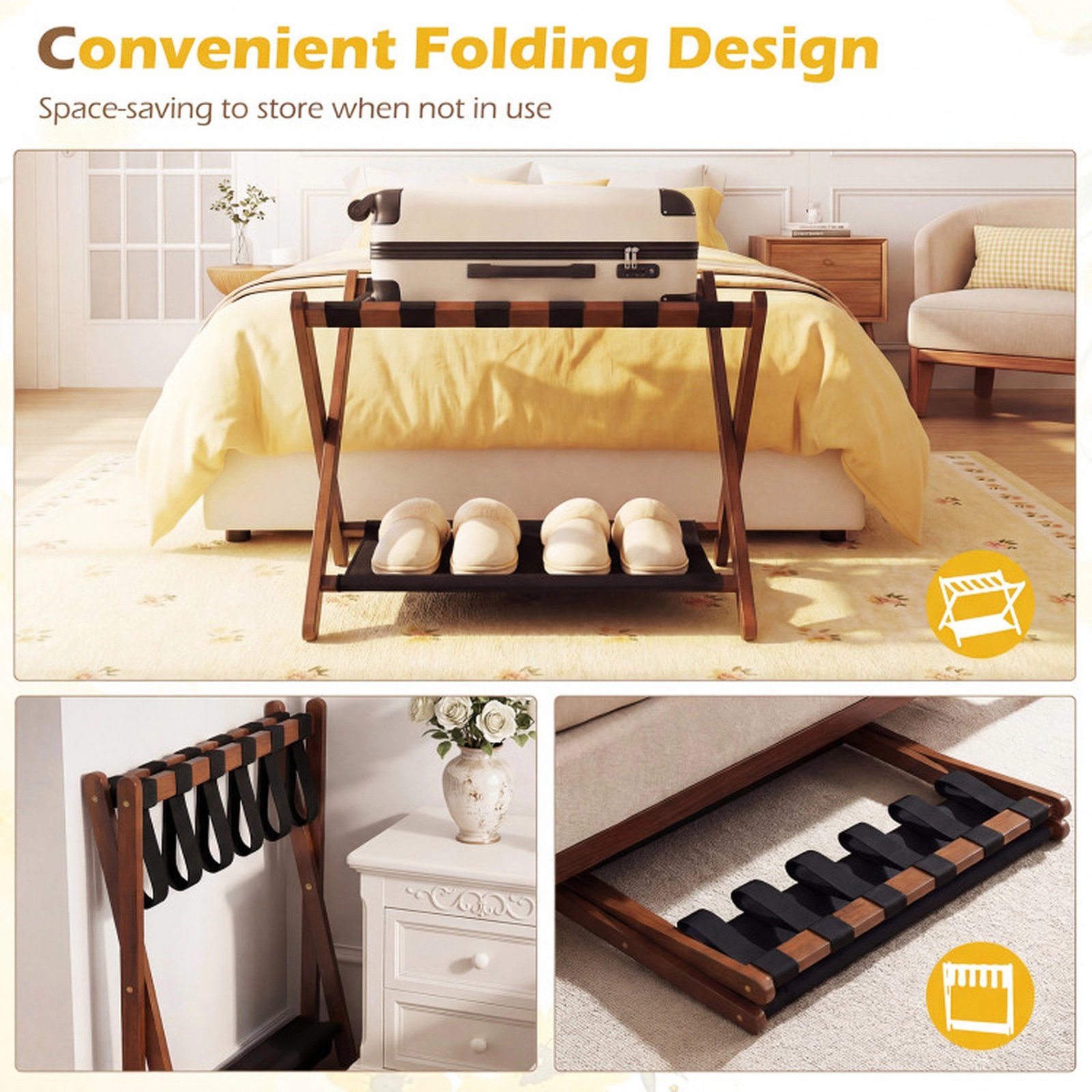 SUGIFT Brown 6 Nylon Straps and Bottom Shelf Solid Rubberwood Folding Luggage Rack