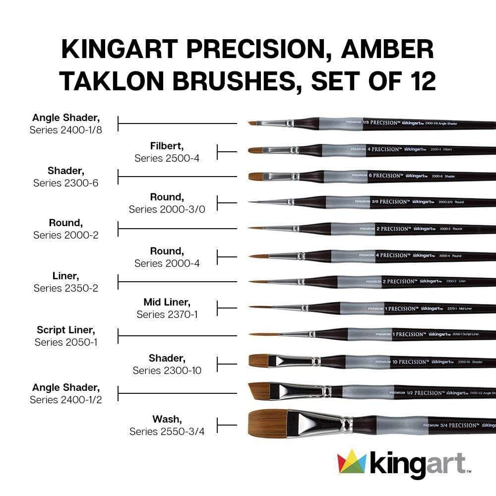 KINGART Precision Amber Taklon Comfort Handle Brush Set - 12 pc