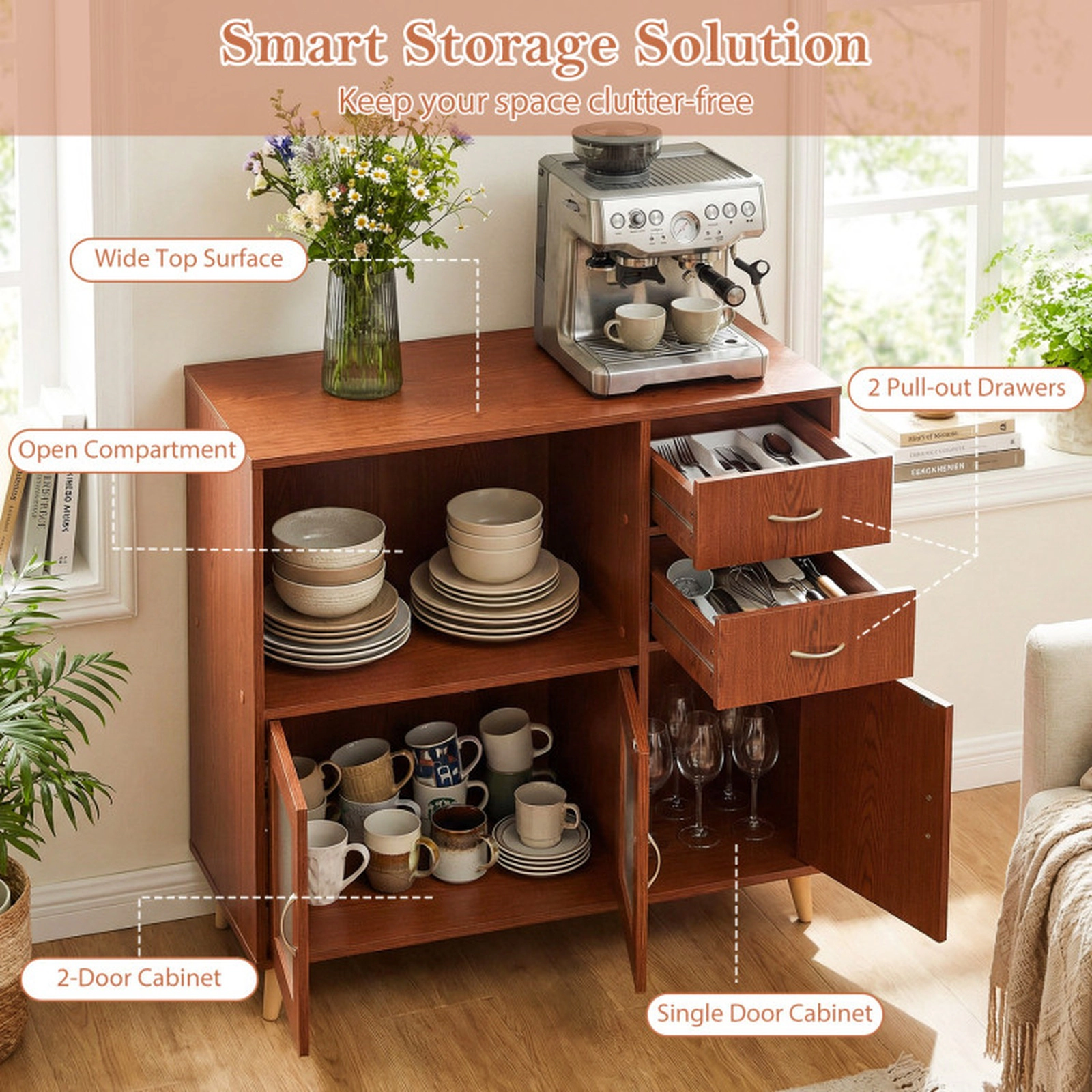 SUGIFT 36-in Sideboard Buffet Cabinet with Open Compartment 330-lb Capacity Brown/Natural