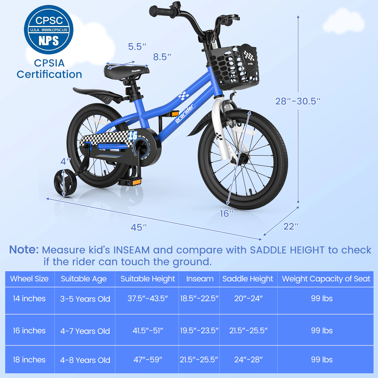 16-in Kids Bike Removable Training Wheels Short-Reach Hand Brake Coaster Brake Adjustable Seat Ages 4-7 Navy